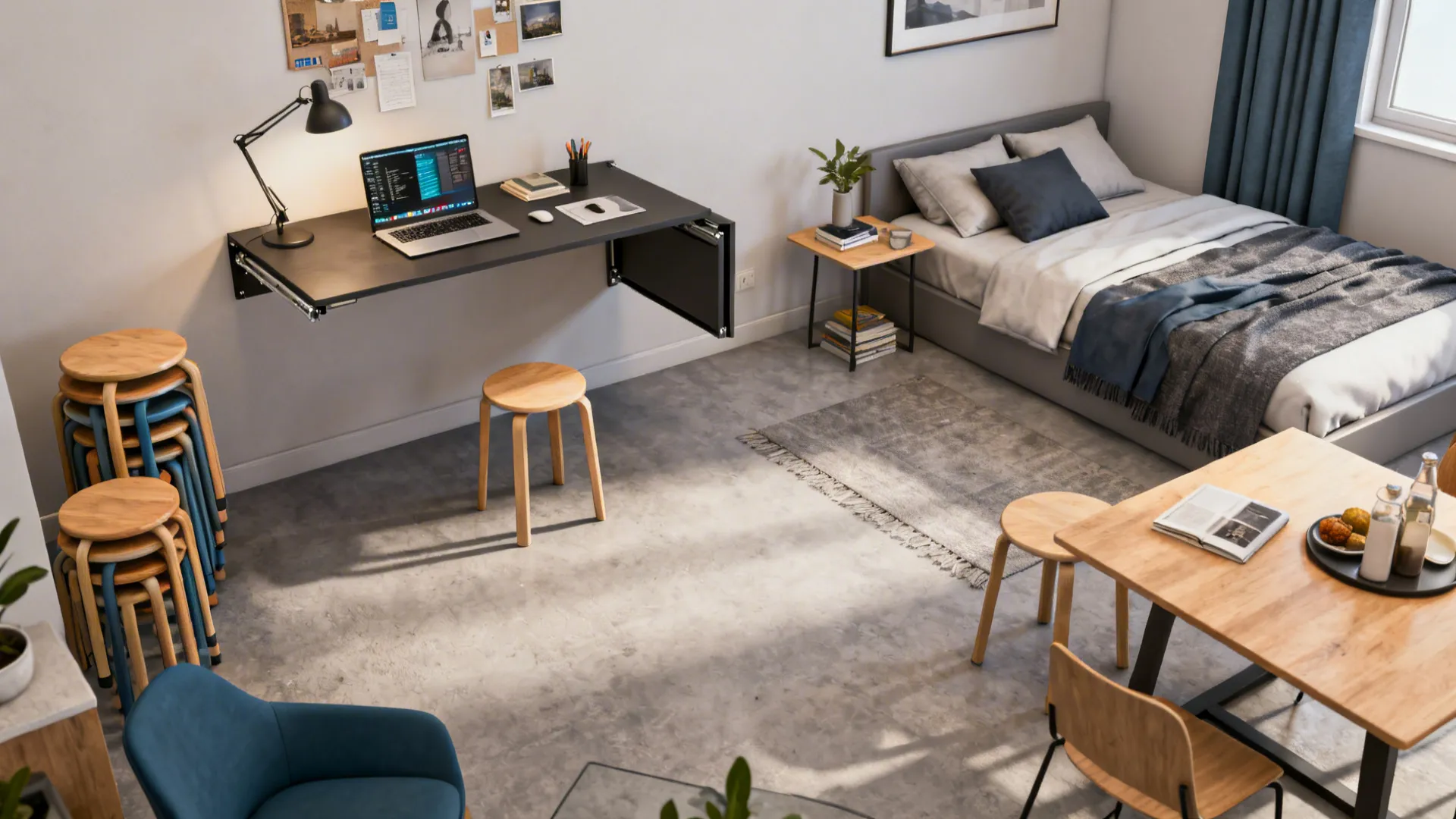 Top-down layout of fold-down desk and nesting furniture in a small room.