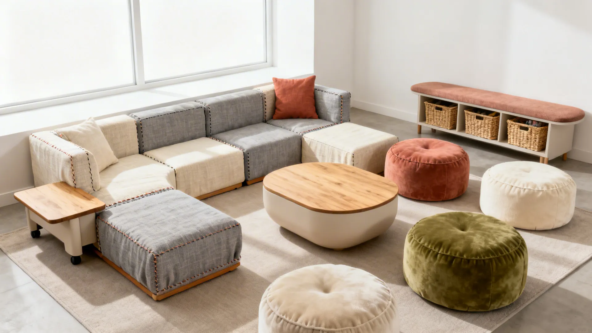 Modular sofa, ottomans, and multipurpose seating in a kid-friendly living room