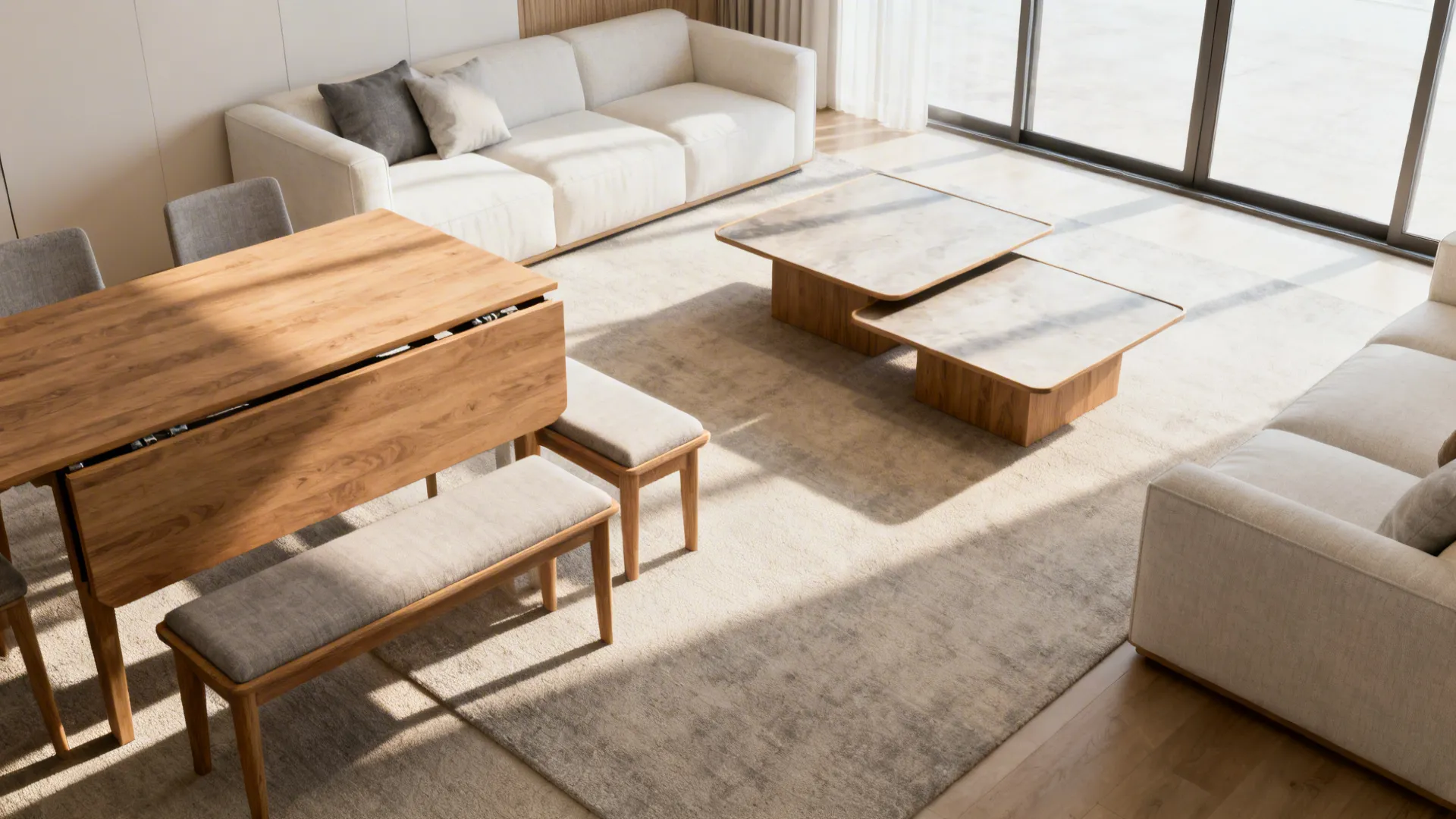 Extendable table and benches showing flexible seating solutions in a combo space