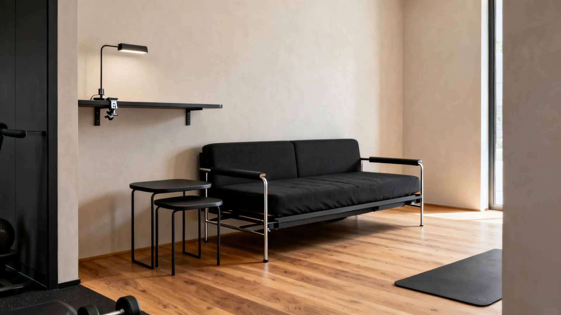 Small studio with a quality sofa-bed, nesting tables, and a wall-mounted slim desk.