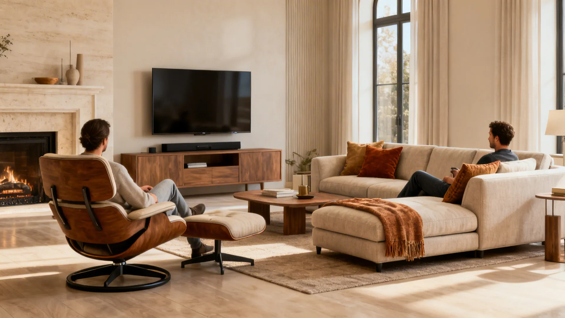 Swivel chair and sectional arranged for flexible viewing between a fireplace and TV.
