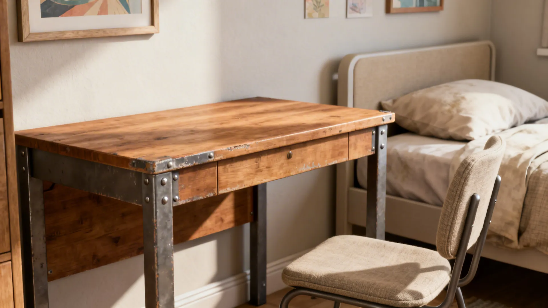Close up of industrial wooden desk with metal legs simple chair and bed in background
