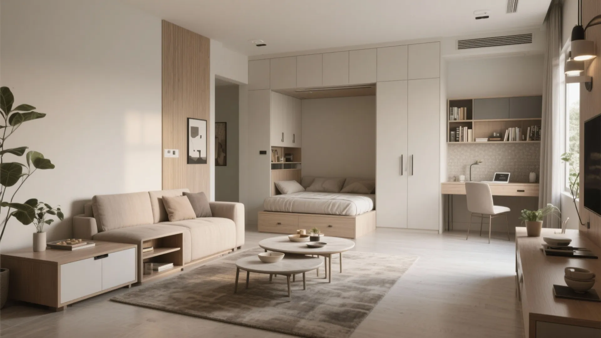 Modern studio apartment with sofa bed desk area white cabinets rug and round coffee table furniture