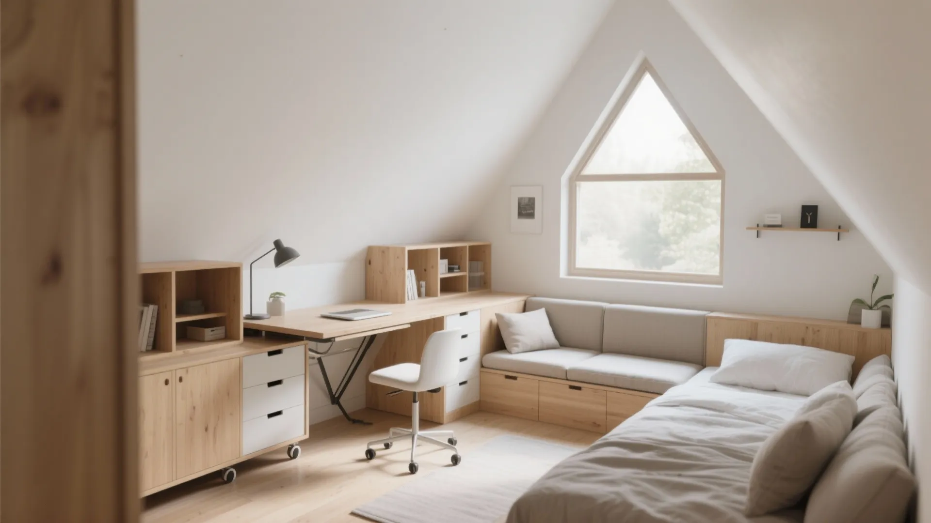 Fold-out desk and modular furniture in small bedroom