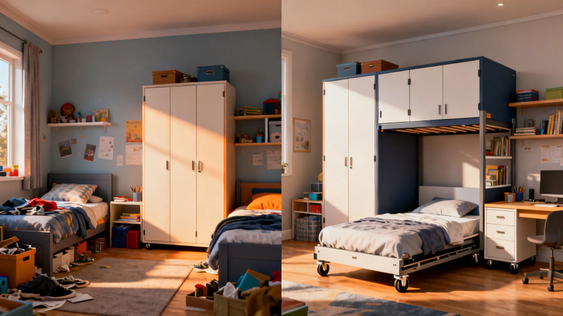 Before and after comparison showing modular furniture and adaptable bedroom layout for growth.