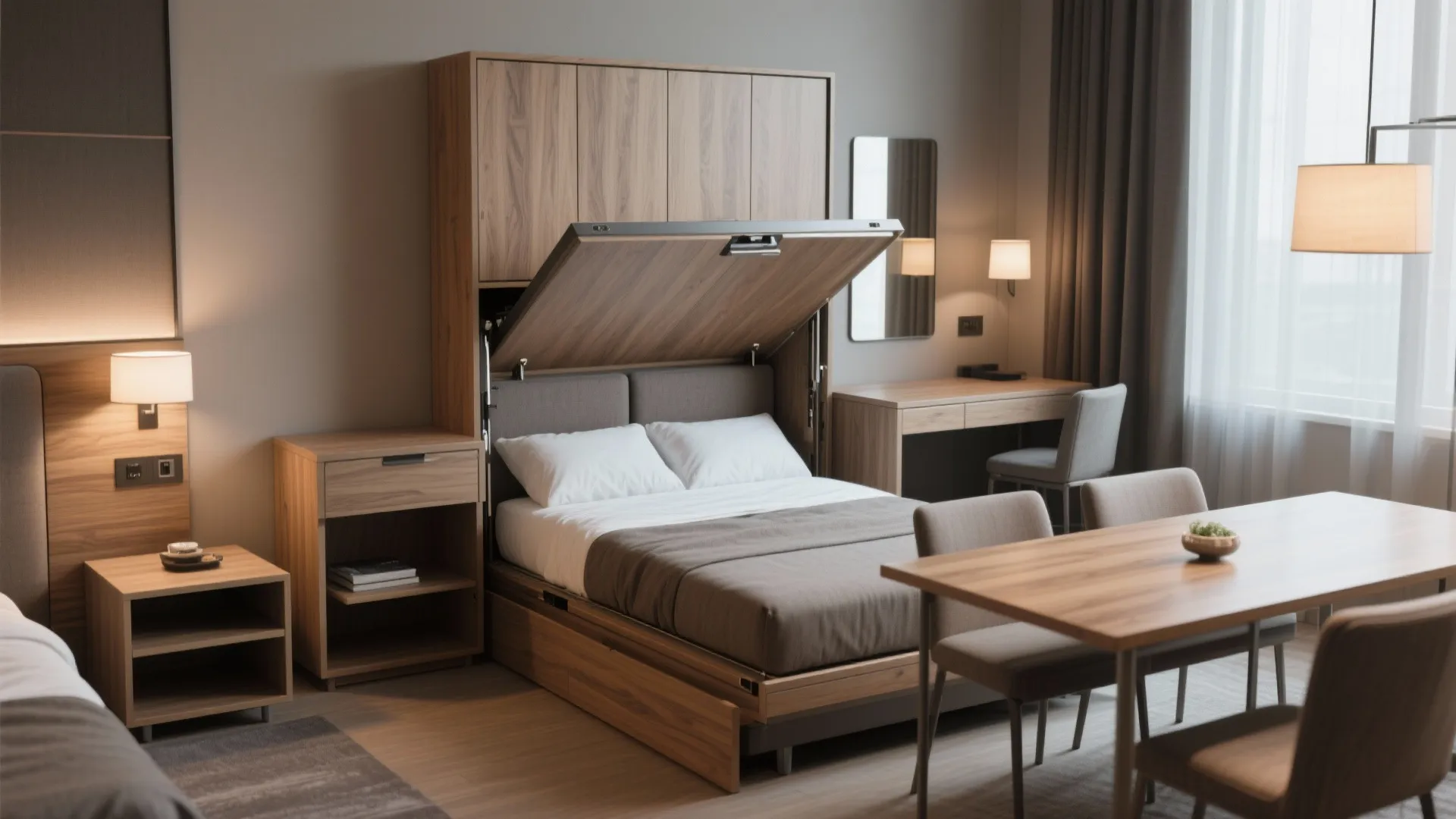 Close-up of a Murphy bed with integrated desk and nesting tables in a hotel suite