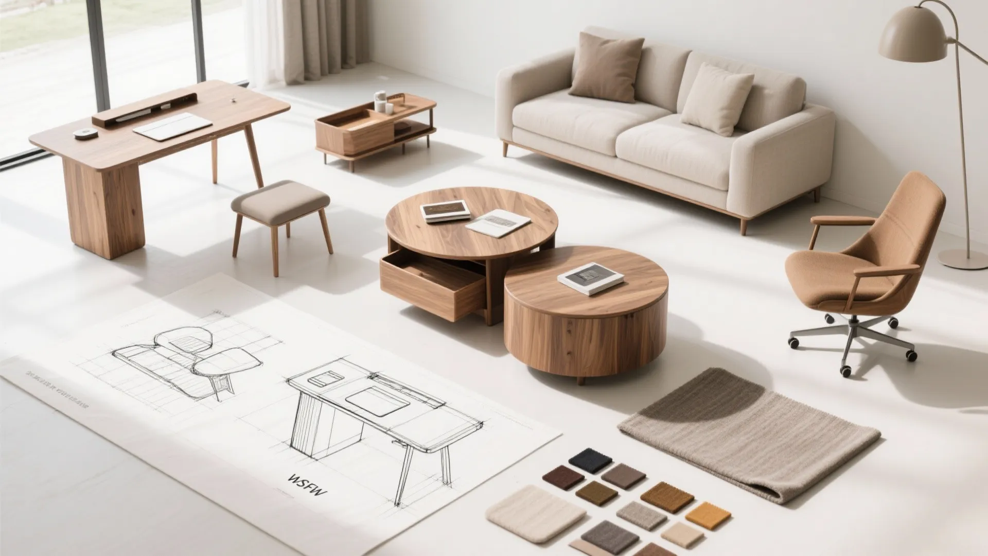 Interior design drawing with modular furniture pieces like sofa desk chair and many small samples