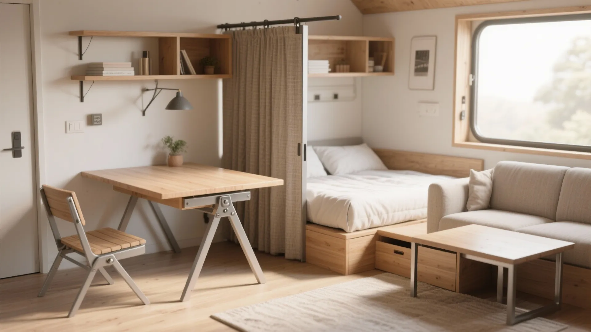 Flexible furniture examples: folding table, convertible sofa bed and sliding panel with material samples.