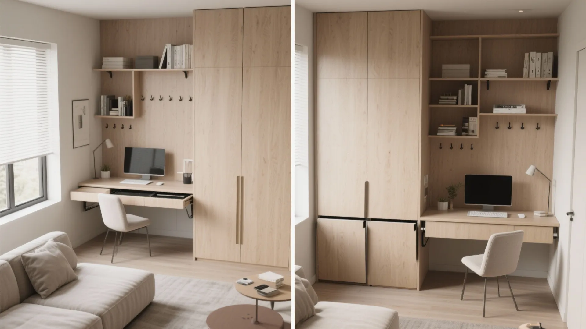 Functional wooden home office cabinet featuring a folding desk with computer and white modern chair