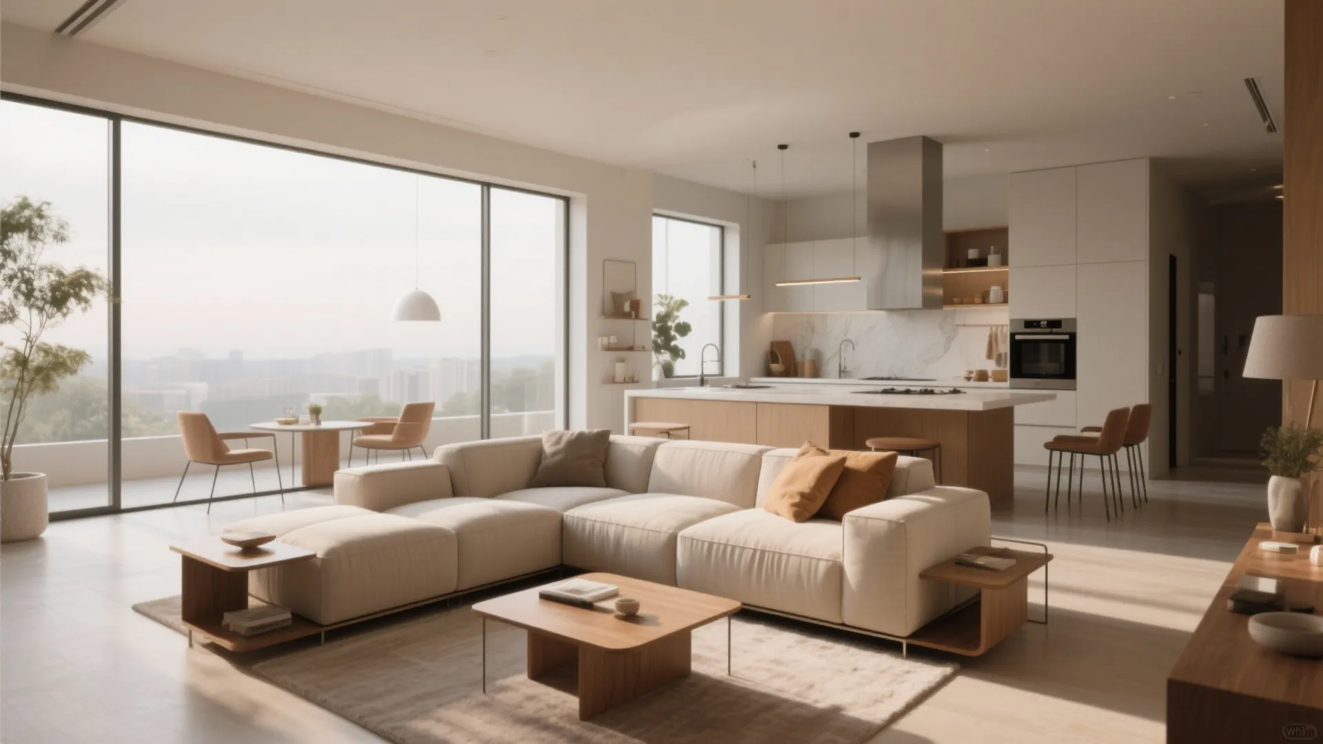 Modern open plan living room featuring a large white sofa wooden coffee table and kitchen