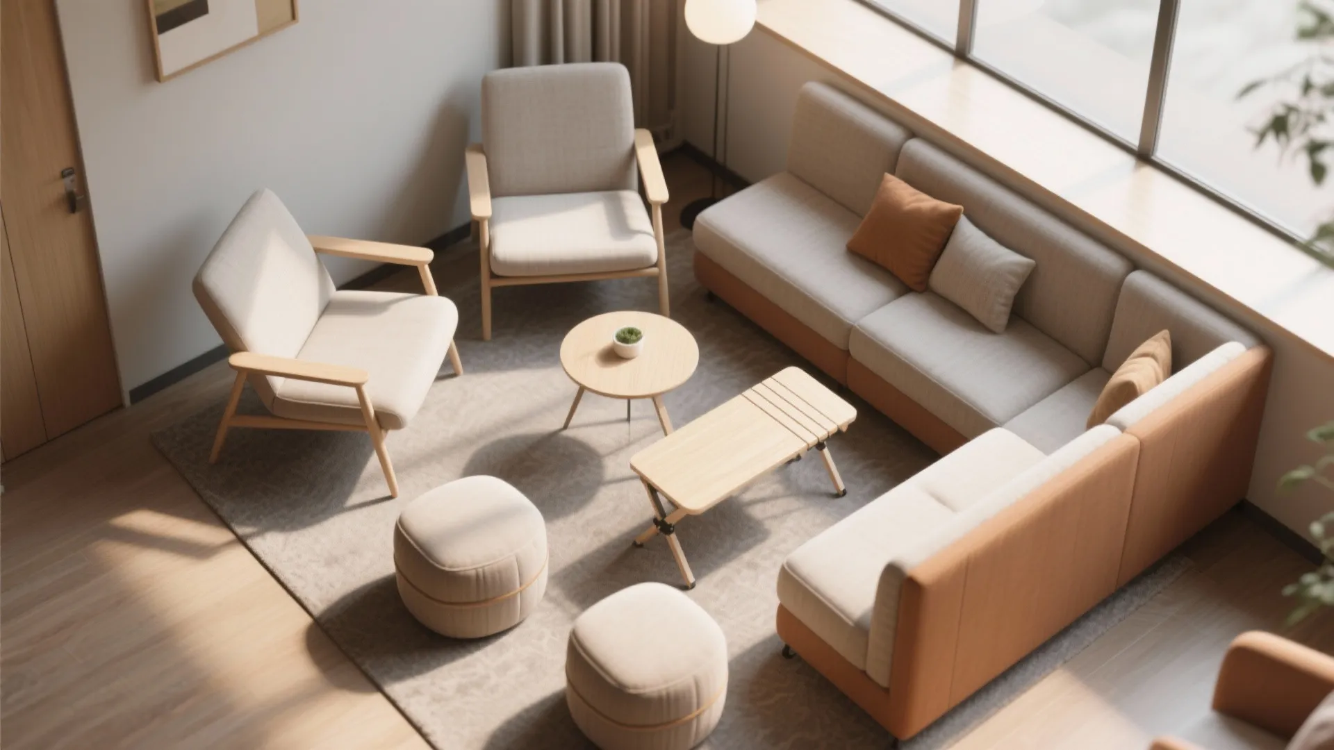 Modern living room layout with two armchairs two footrests a large sofa and coffee tables