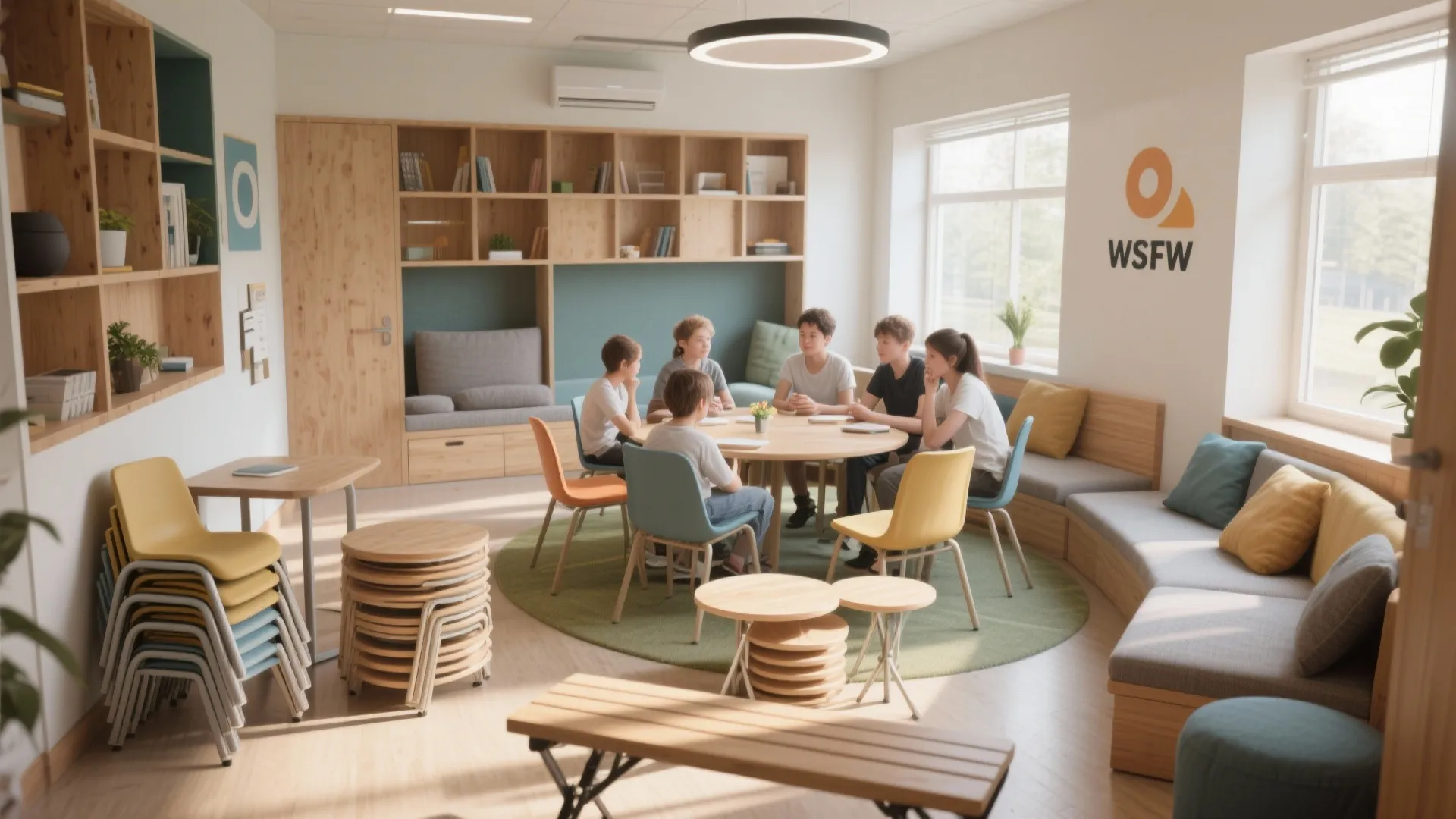 Students sit at round wooden table in bright room with colorful chairs and wall shelves