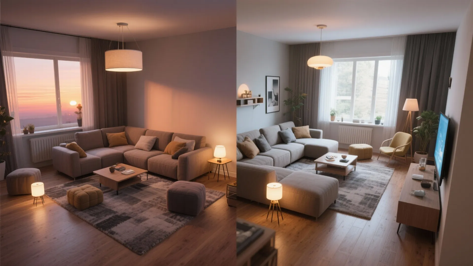 Reconfigurable living room furniture and layered lighting shown in different mood setups.