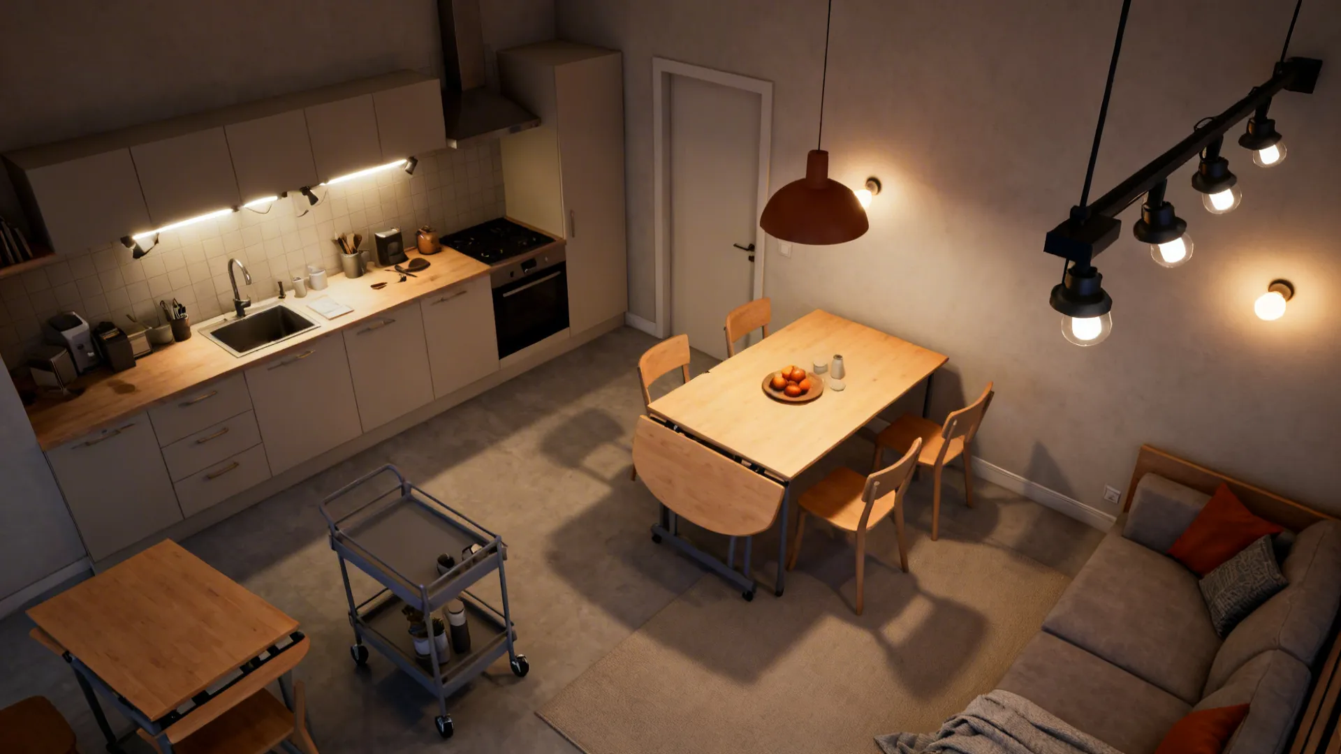 Flexible furniture and layered lighting creating distinct zones in a small open-plan studio