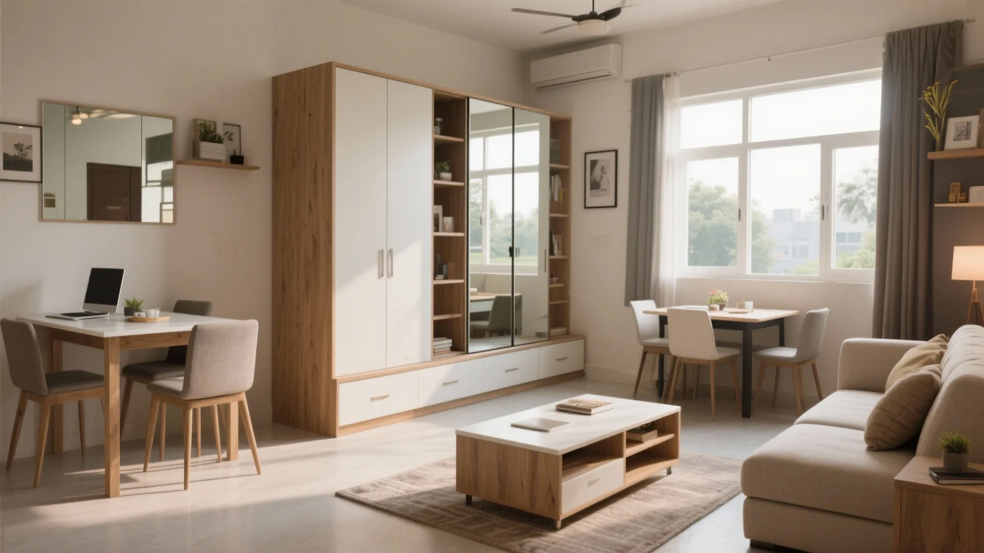 Bright studio apartment with wooden coffee table sofa white wardrobe workspace and dining area furniture