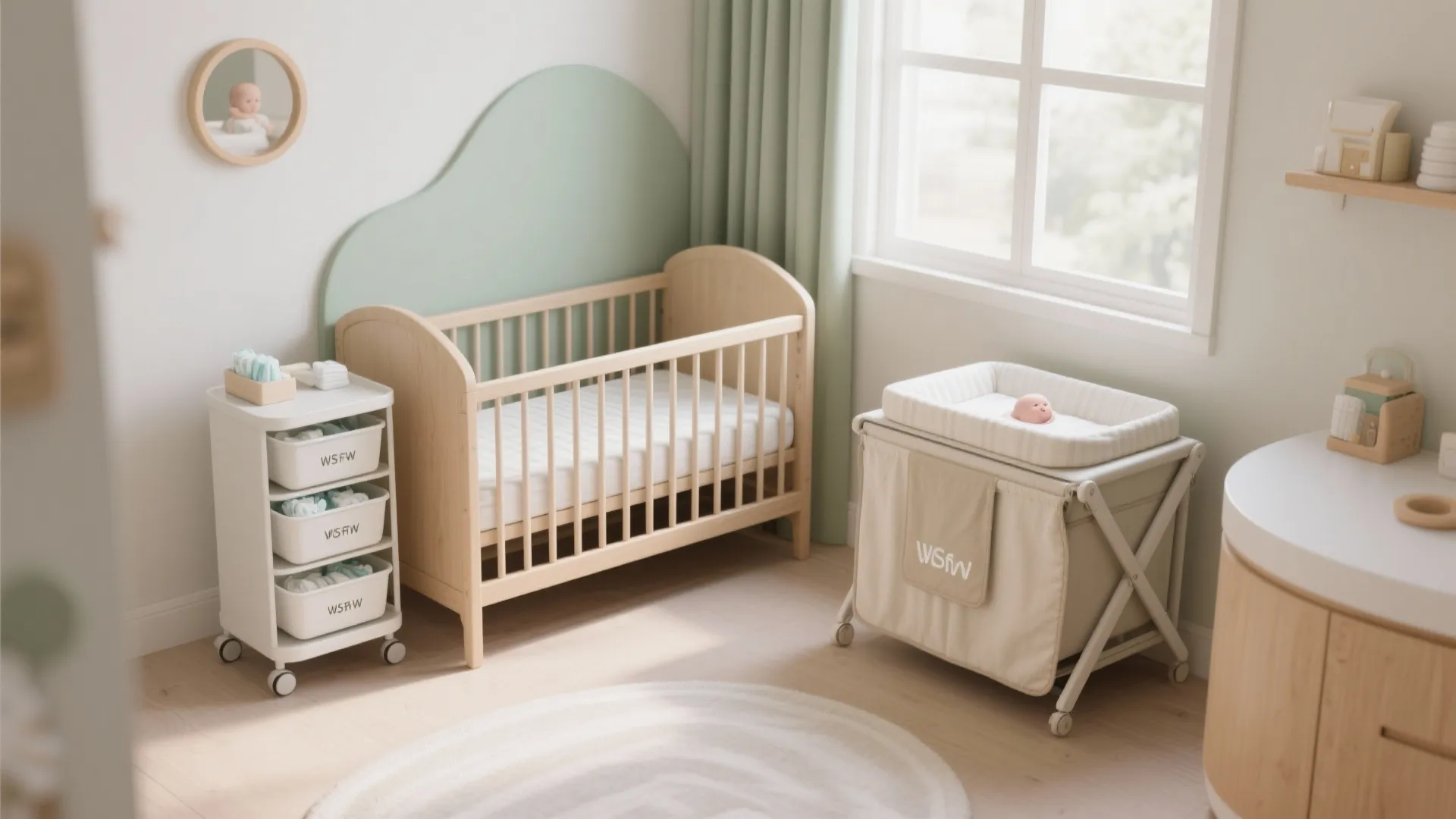 Flexible furniture: mini crib, mobile cart, and foldable changer