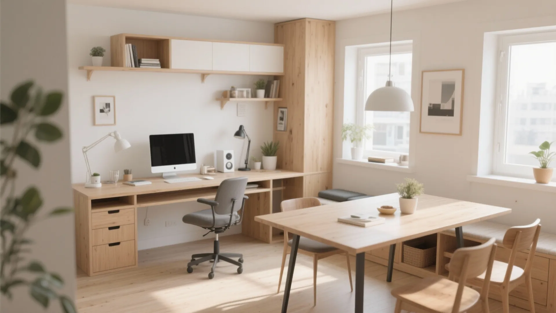 Wooden desk with computer and chair next to a dining table in a bright room