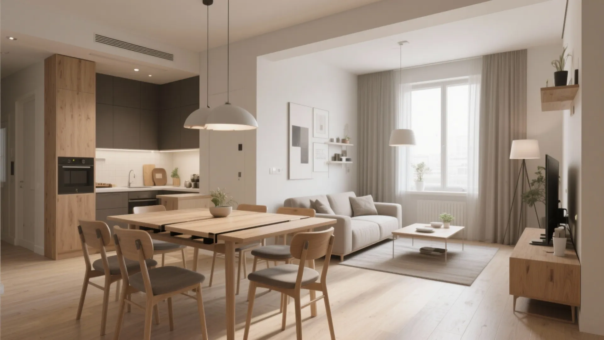 Modern open plan living area featuring wooden dining table with chairs and a beige sofa