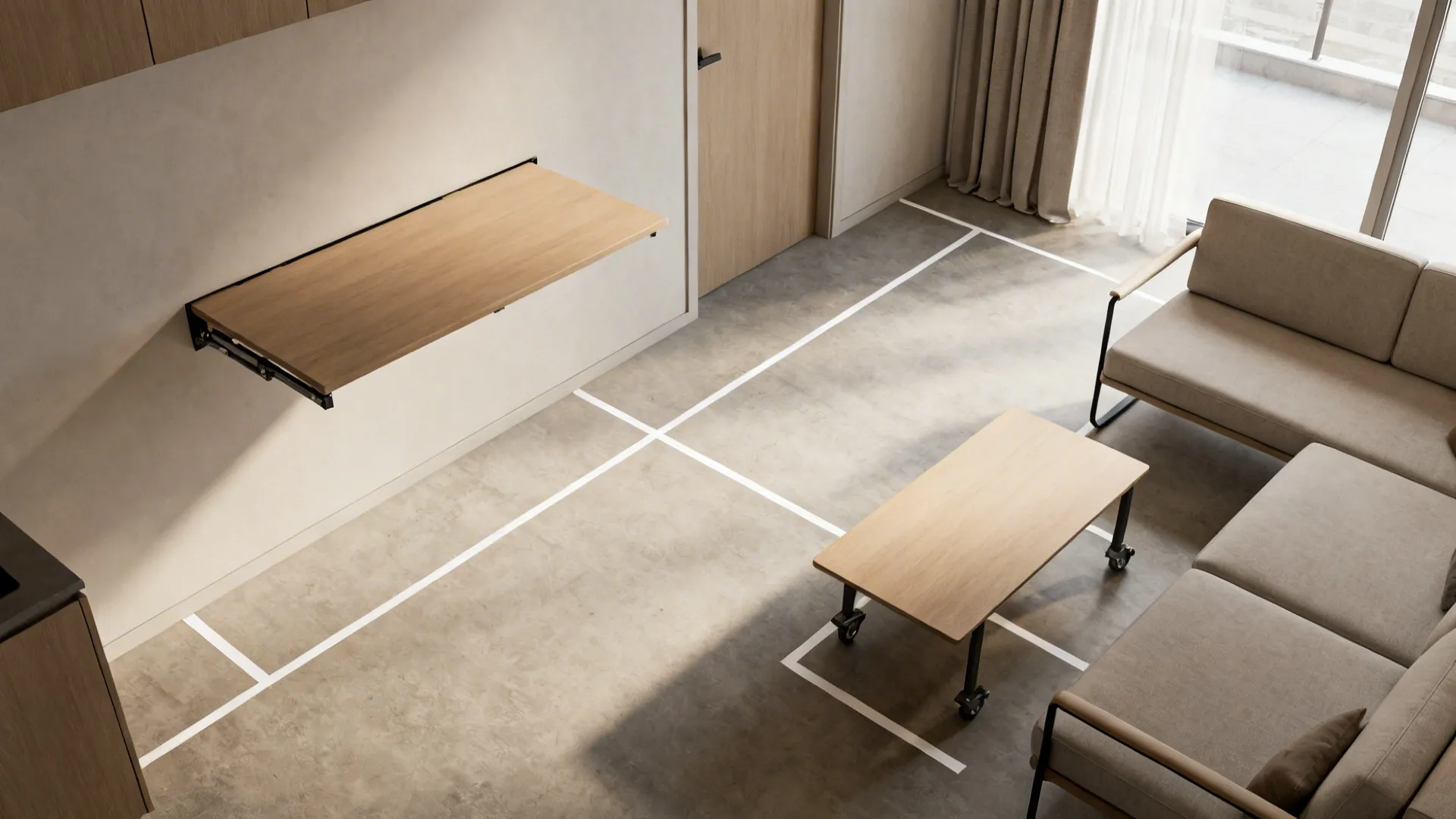 Modern room with wall folding table small wooden coffee table grey sofa and floor lines