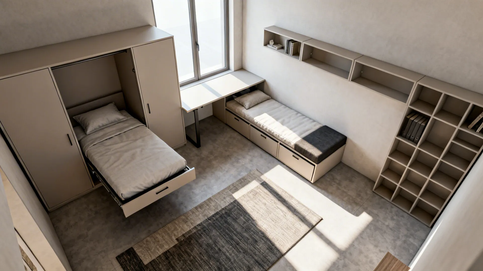 Top-down layout of a small room with Murphy bed, fold-down desk, and modular seating
