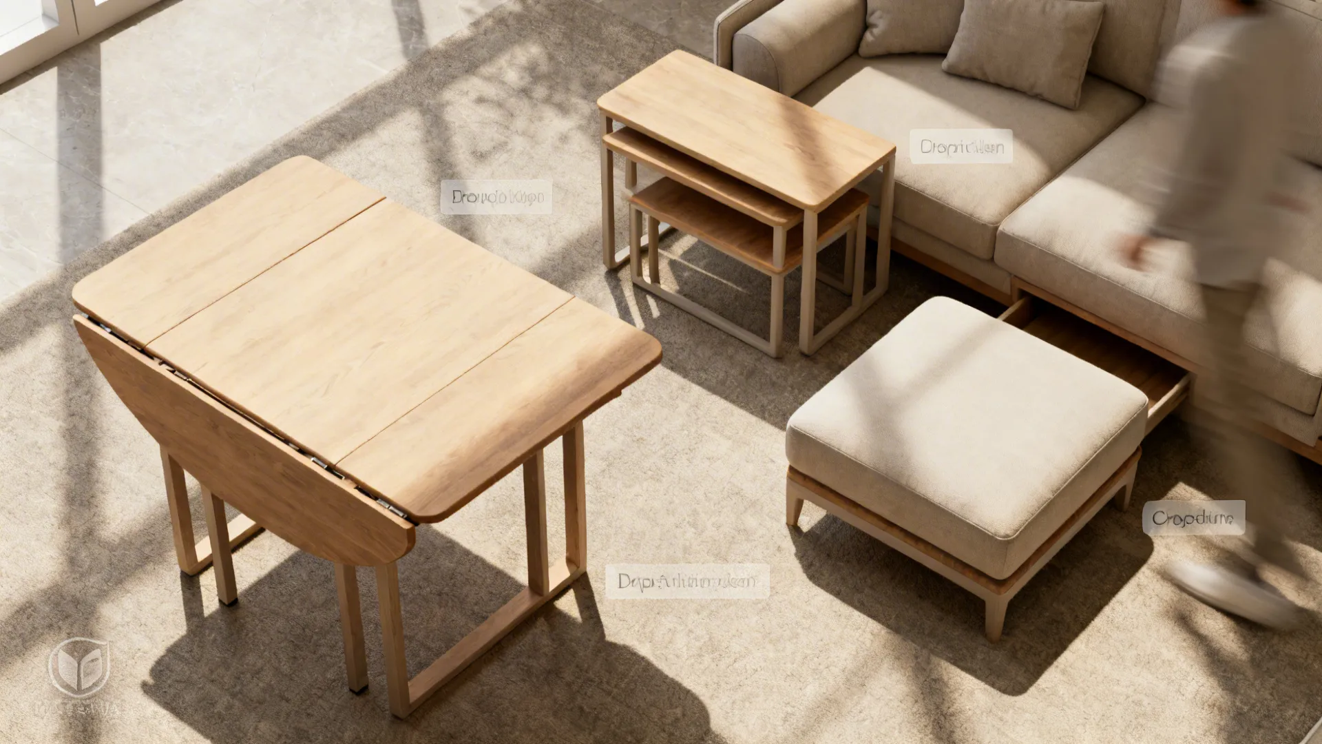Top-down plan showing drop-leaf table, nesting tables, and ottoman used for flexible seating in a small space.