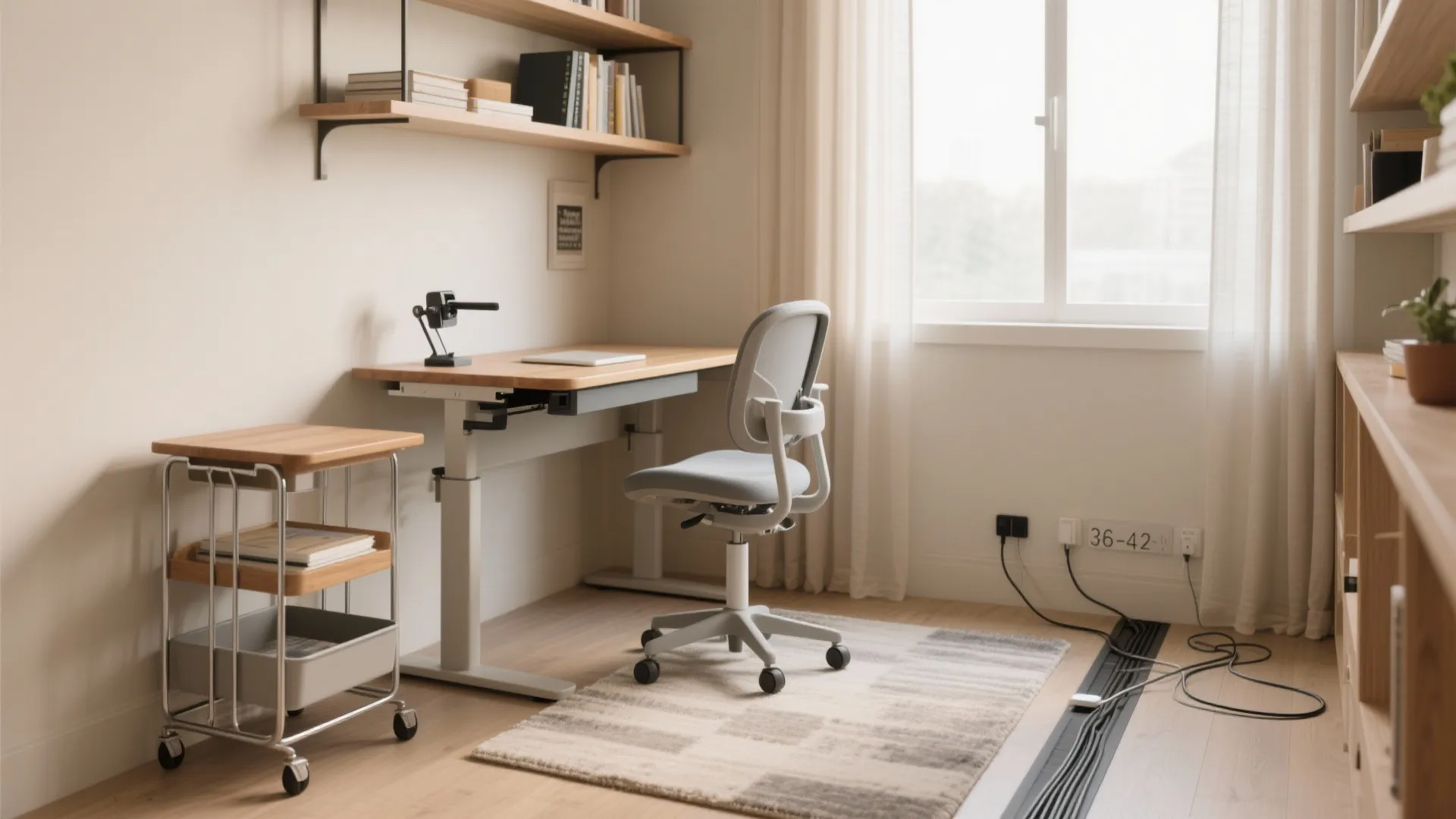 Minimalist home office setup with light wood desk, grey chair, side cart, shelves, and window
