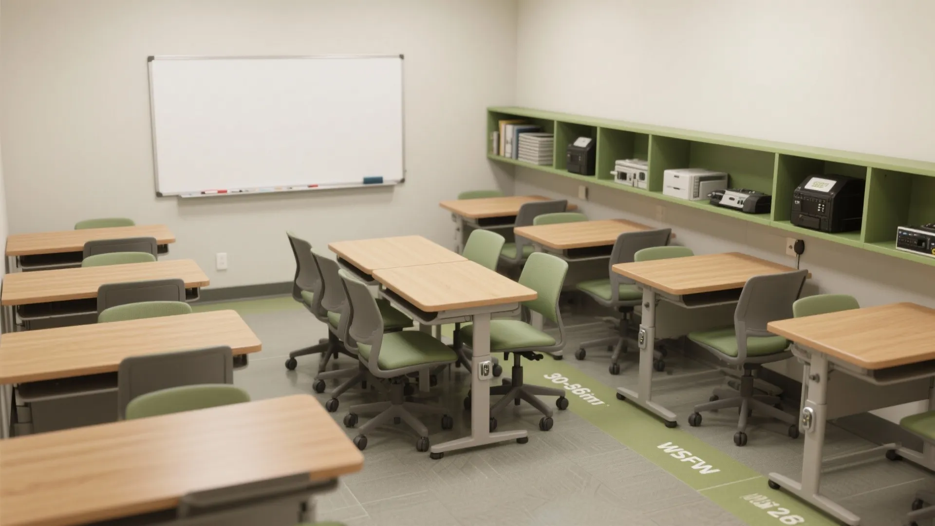 Classroom interior design drawing with wooden tables green chairs white board and green wall storage cabinets