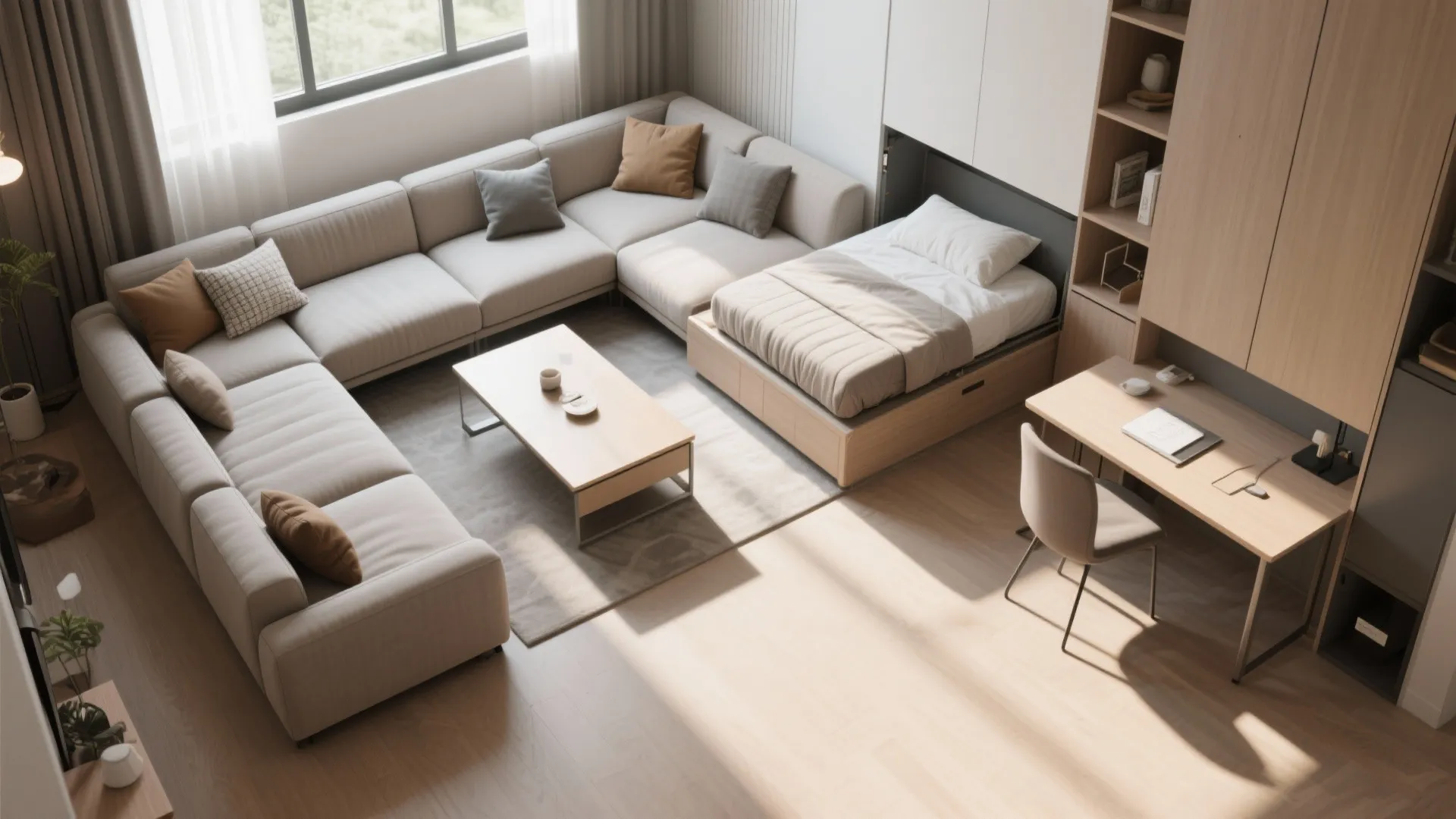 Top-down view of a suite showing modular sofa, fold-down desk, and Murphy bed reconfiguration.
