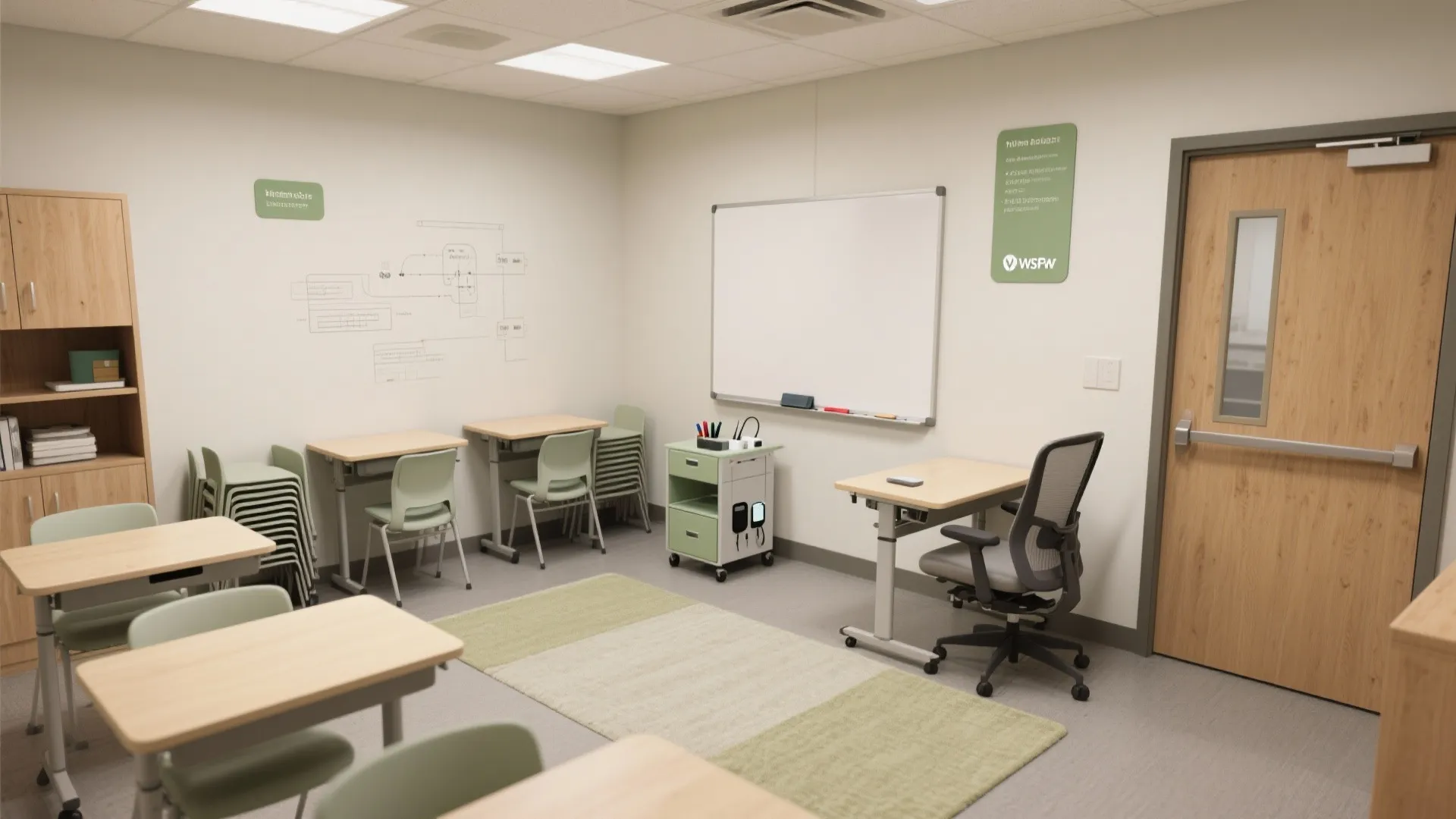 Bright classroom interior featuring light wood desks green chairs a whiteboard and a wooden door