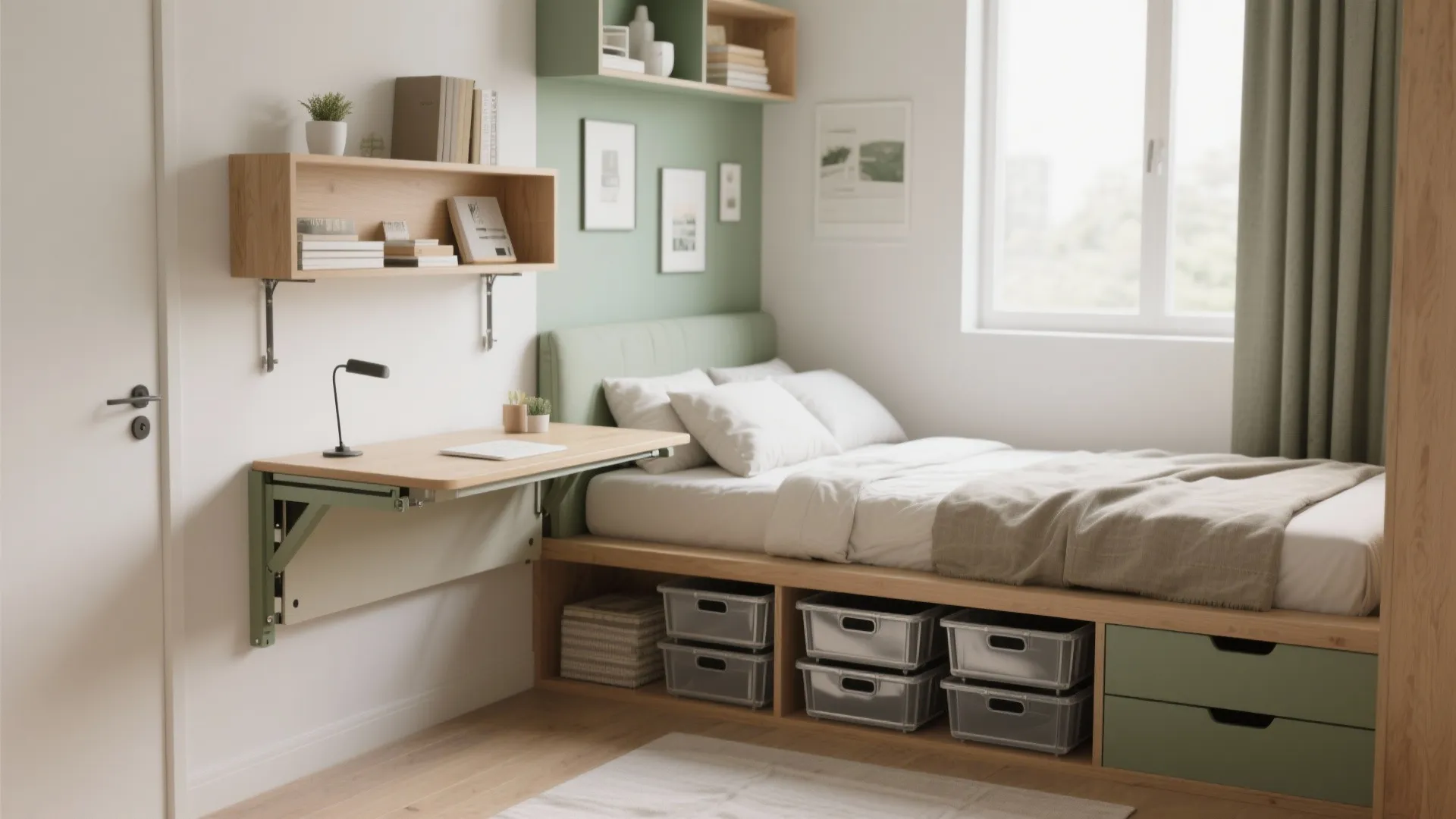 Small spare bedroom arranged as a flexible office-guest room with fold-away desk and daybed.