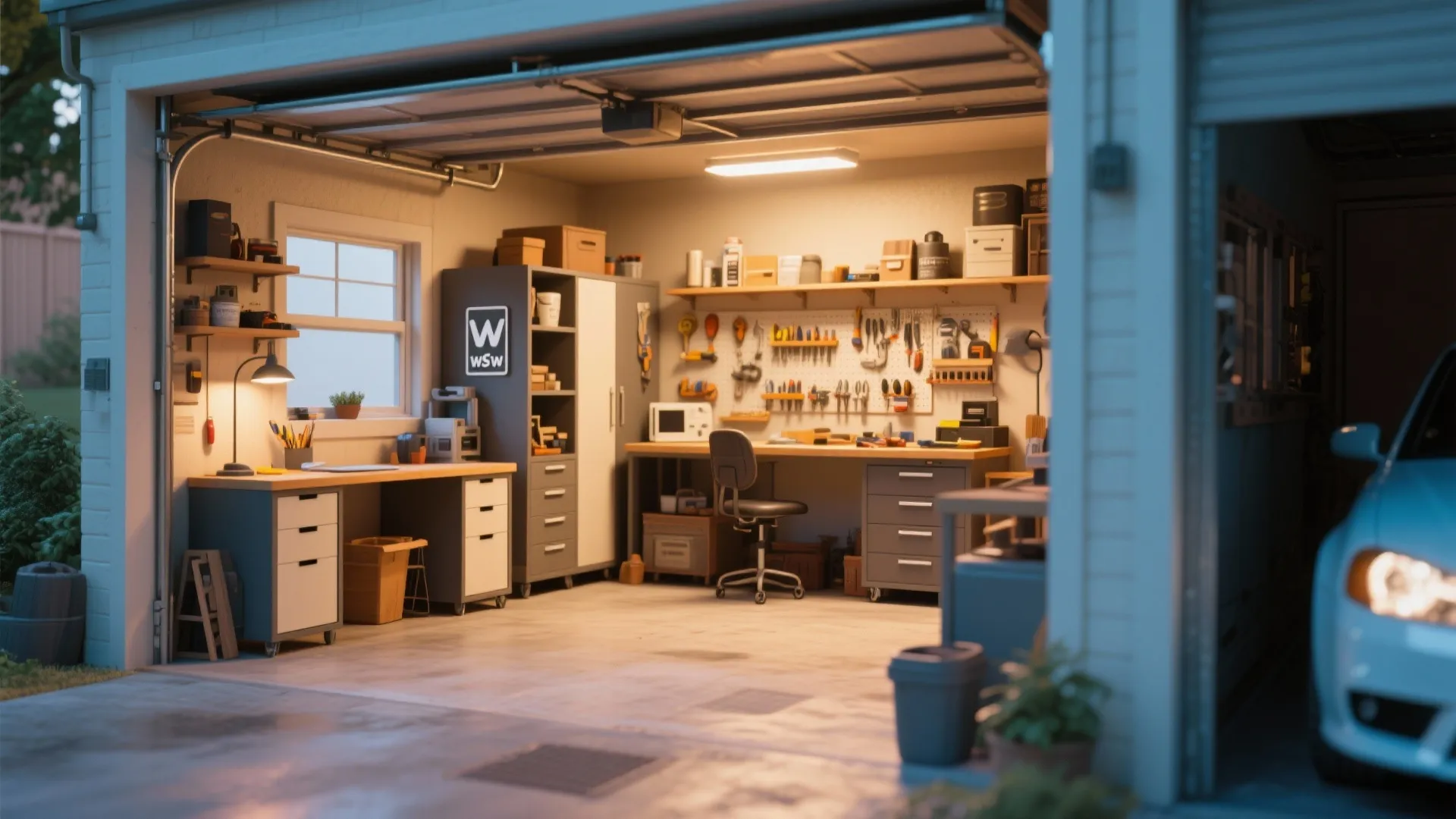 Garage transformed into modular flexible workspace