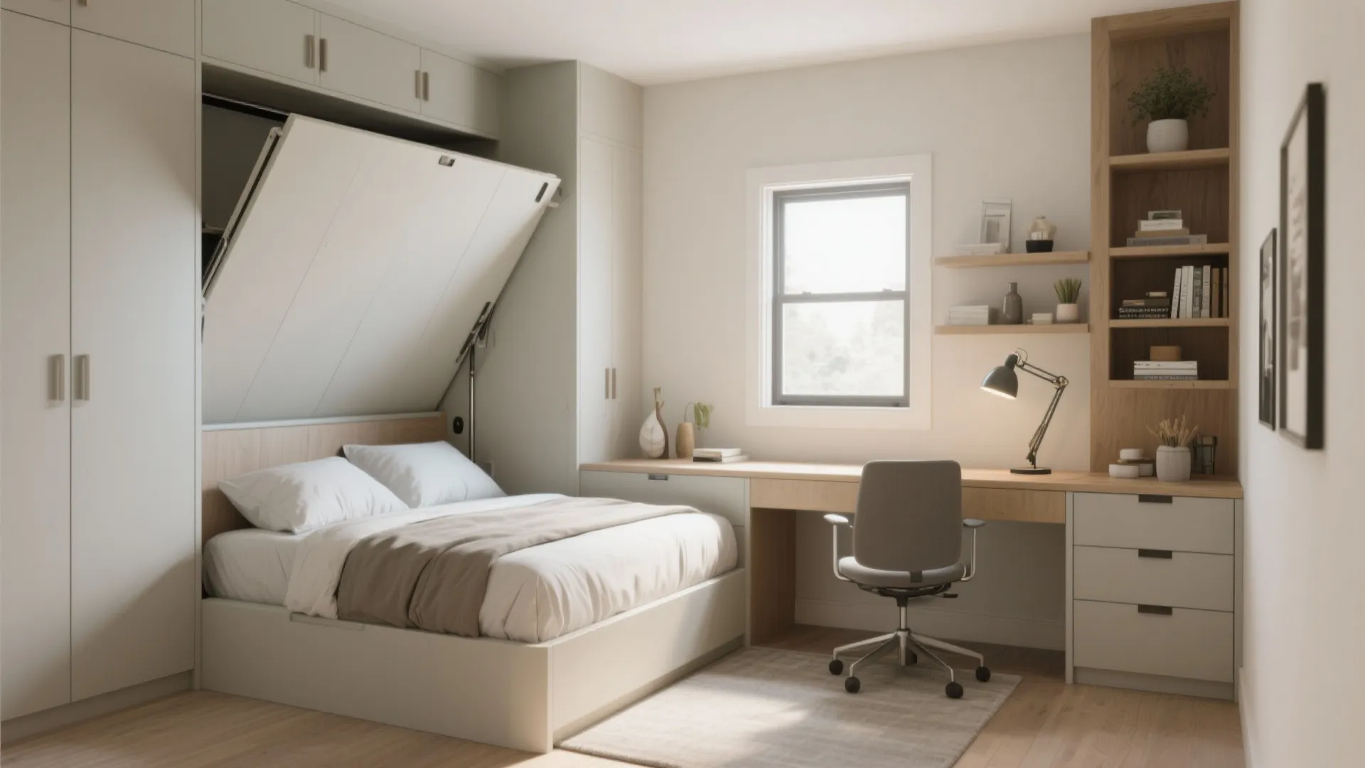 Modern home office with a fold down bed integrated into white cabinets and wooden desk