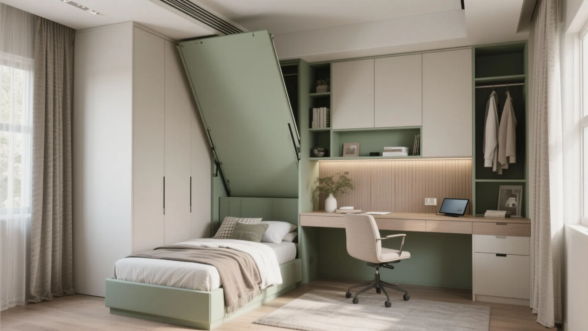Modern small bedroom with folding bed integrated wooden desk chair green wall panels and white cabinets