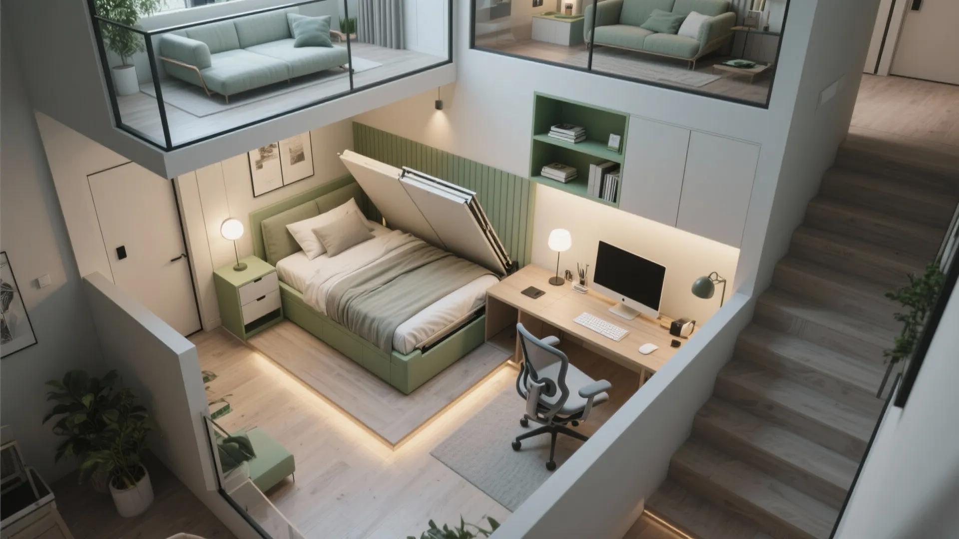 Modern studio interior featuring a green wall bed wooden desk with computer and minimalist staircase