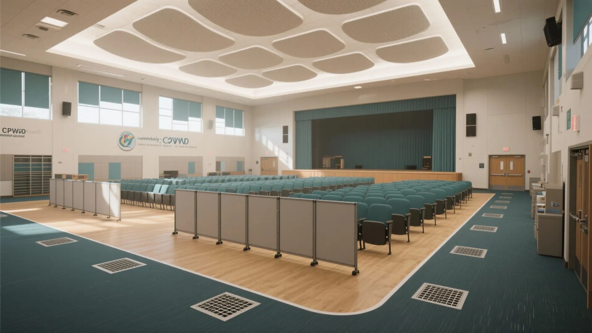 Large hall with blue chairs, wooden floor, stage with curtains, room dividers, and ceiling lights