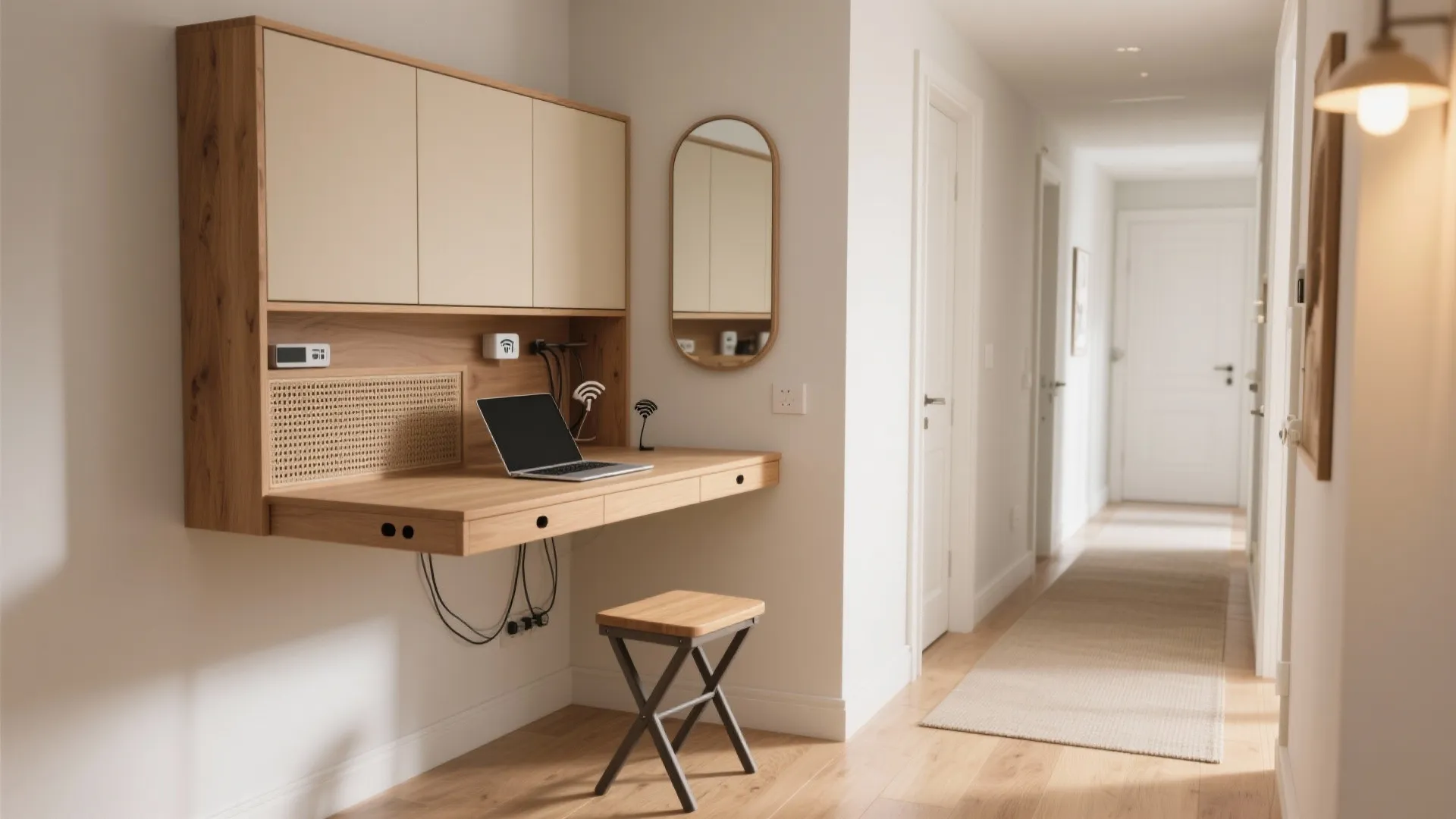 Slim hallway console transforming into a laptop desk with a folding stool and flip-up mirror.