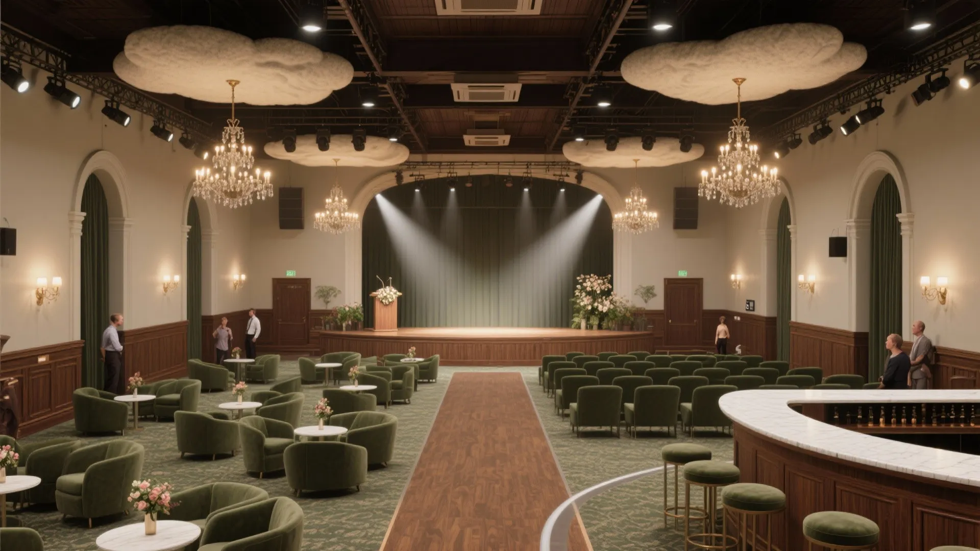Large event hall with green chairs wooden floor stage ceiling light wall light and white walls