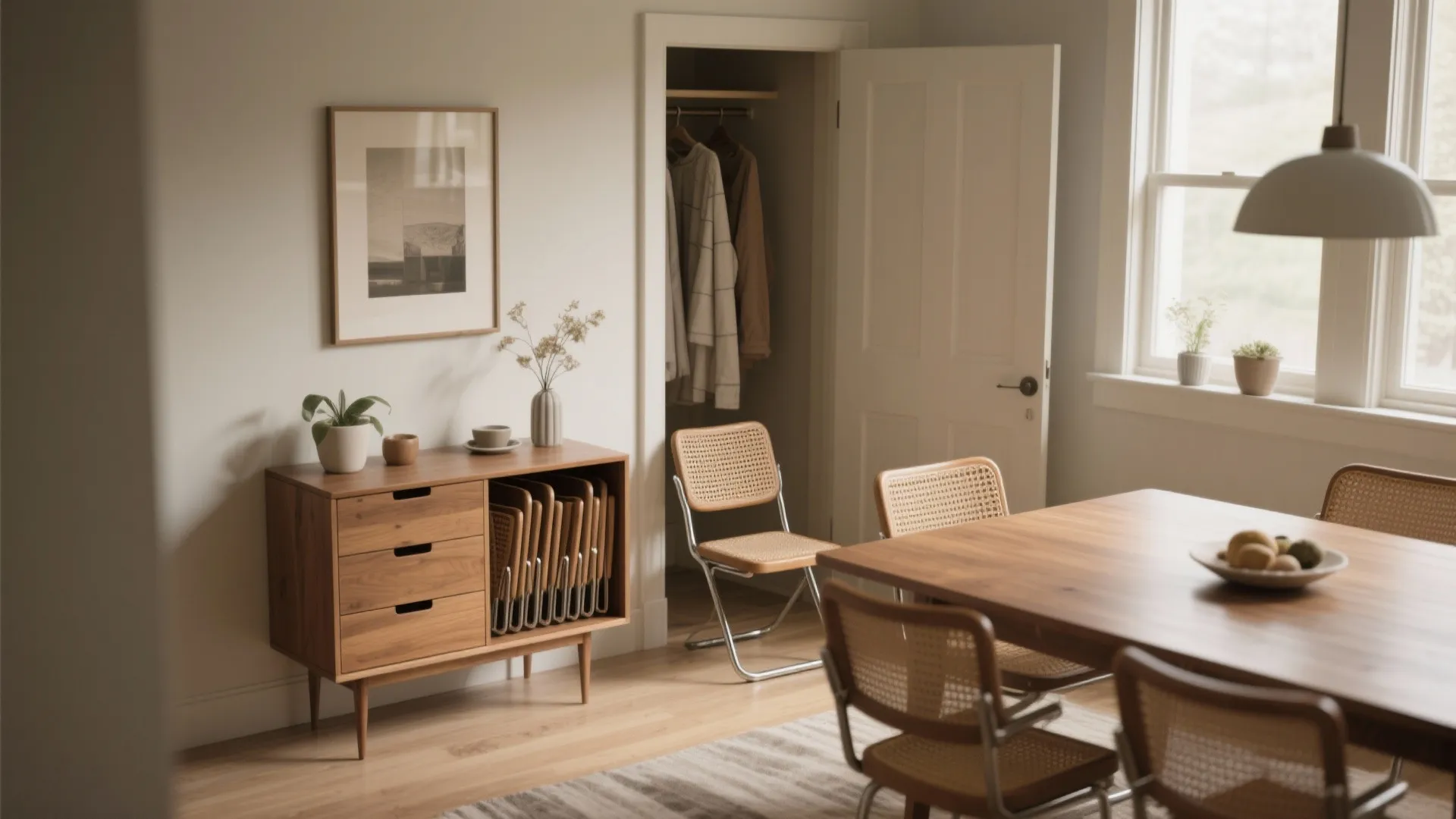 Dining room with a small console and stored folding chairs, illustrating flexible furniture for hosting and storage.