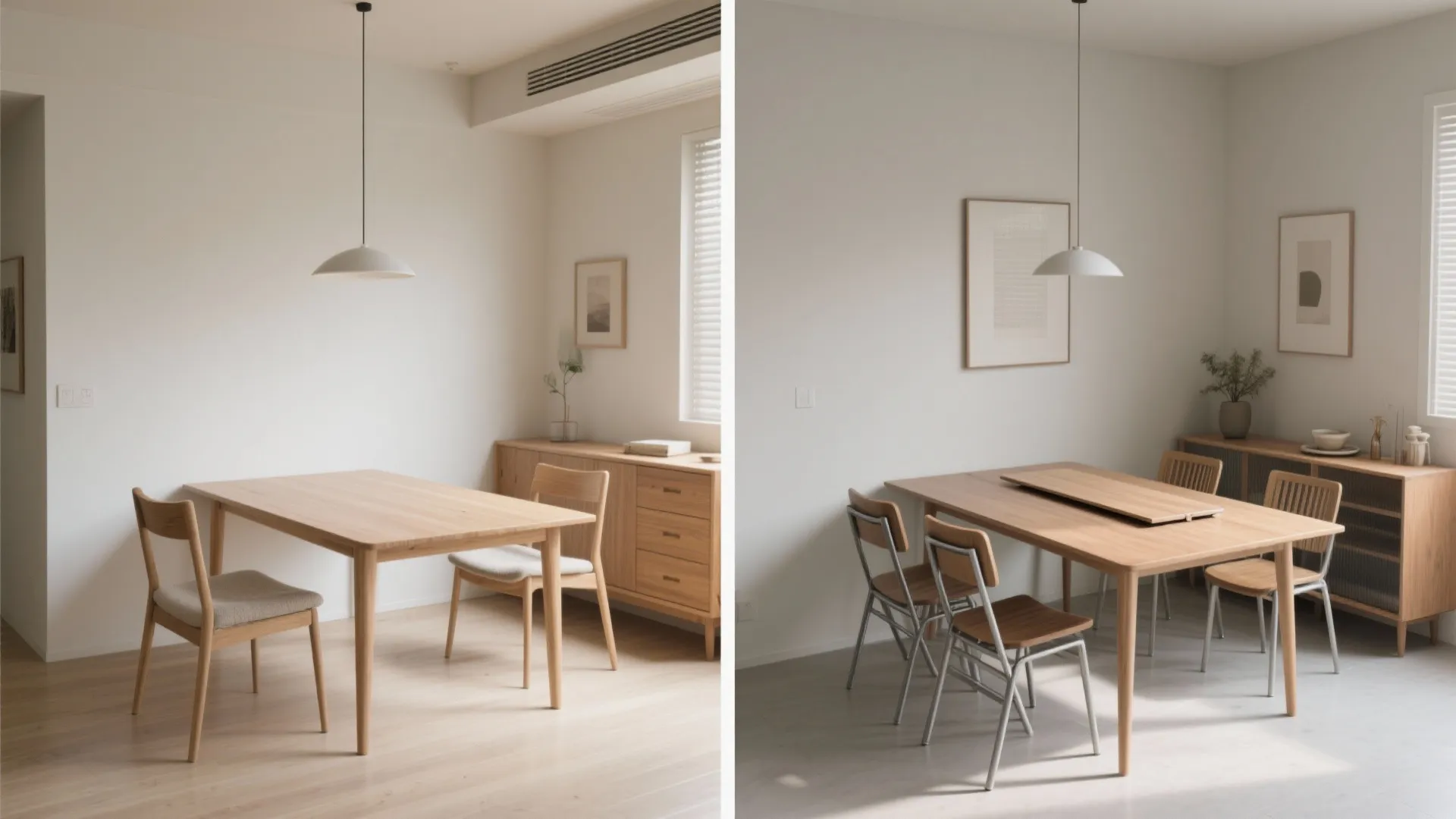 Comparison of dining room setup showing small table with two chairs versus larger extended table