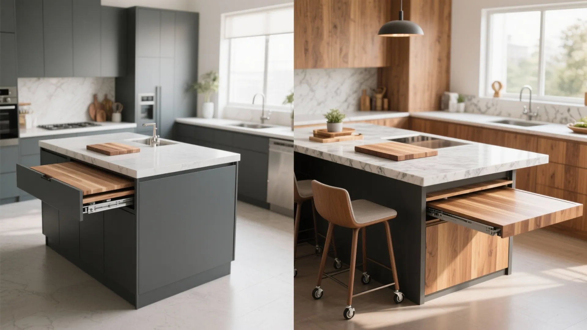Before-and-after view of an island that converts from compact mode to extended mode with pull-out butcher block and seating.