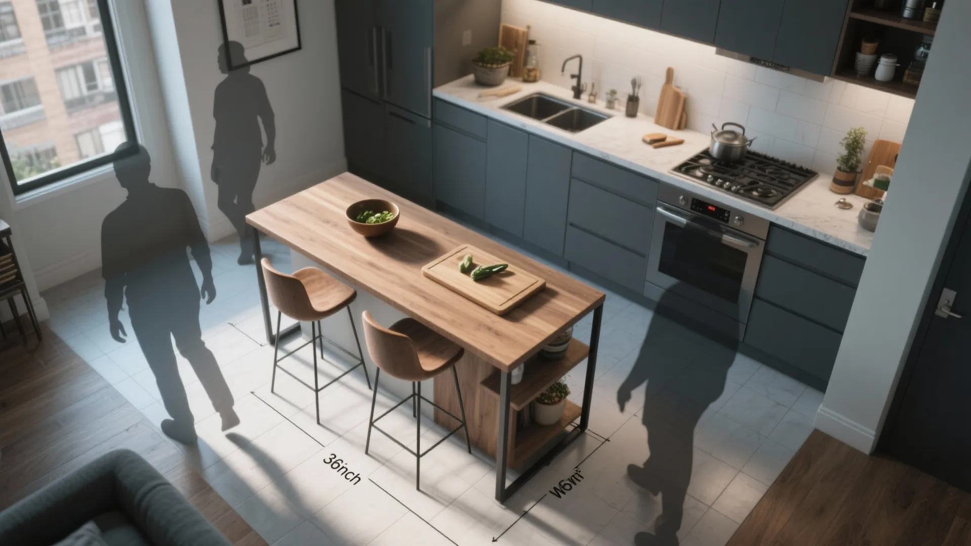 Modern kitchen layout showing a wooden island with measurement labels and human shadows for scale