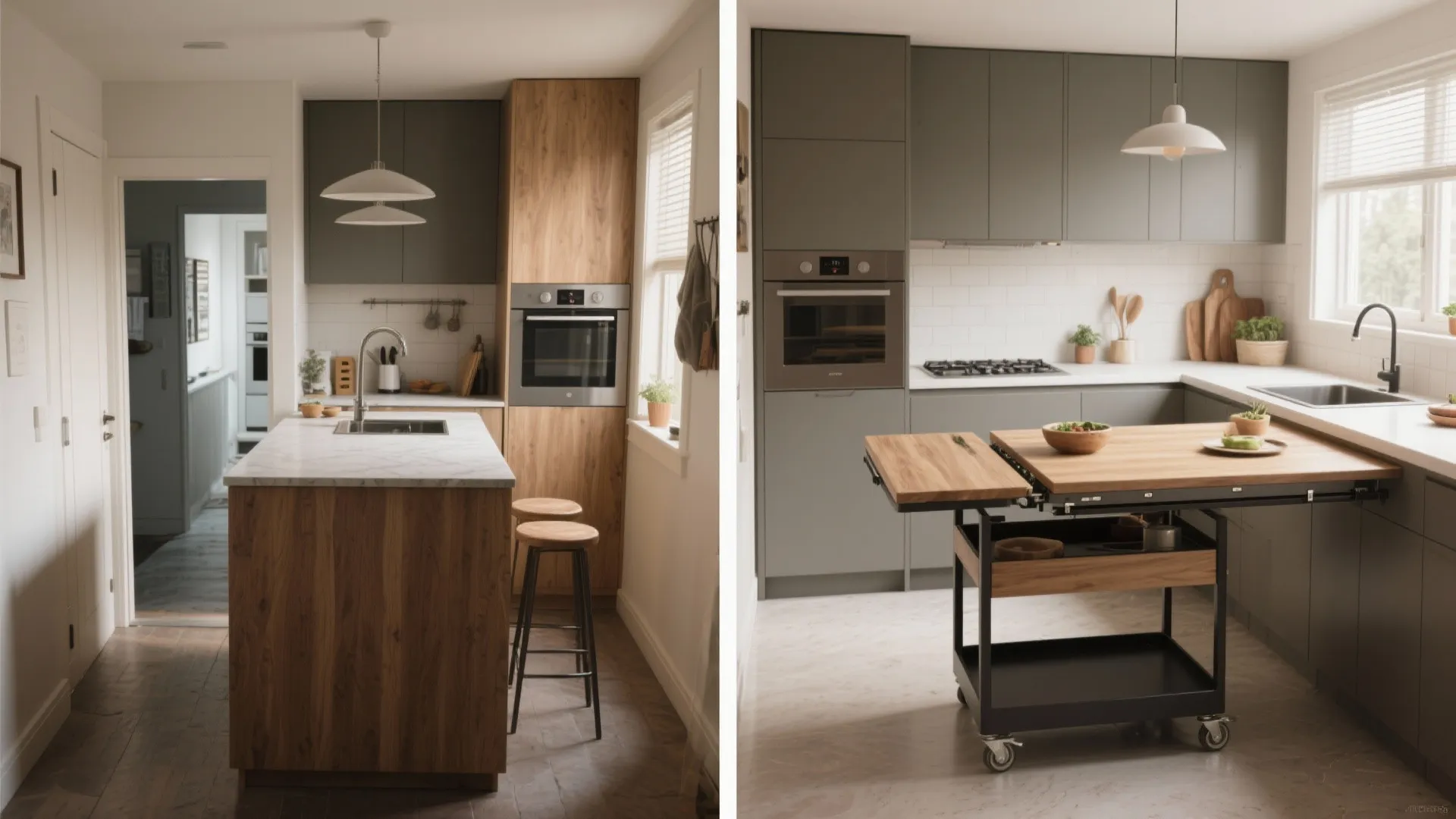 Before-and-after comparison showing a blocking fixed island vs a fold-down table and rolling cart that free circulation in a small kitchen.