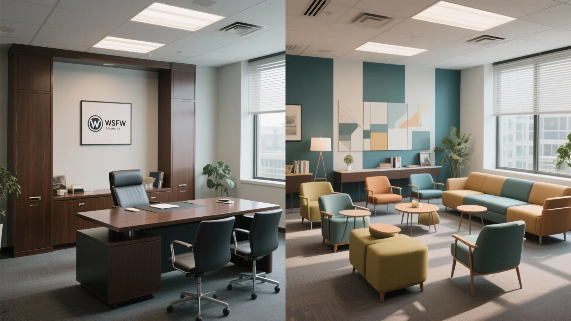 Professional office space comparison showing a private executive room and a colorful communal lounge area