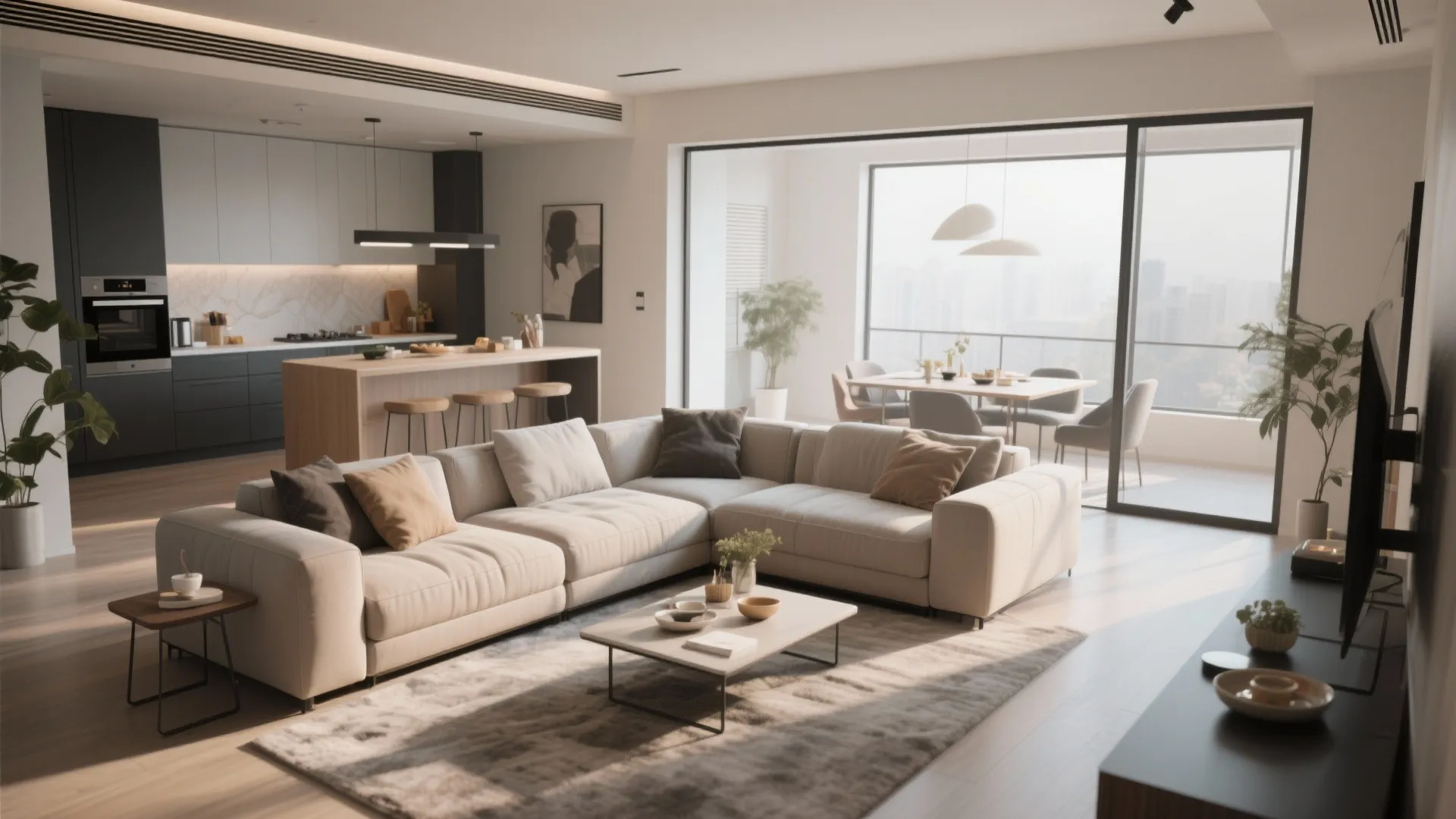Modern open plan living room with beige sofa, kitchen island, wooden floor, and large windows