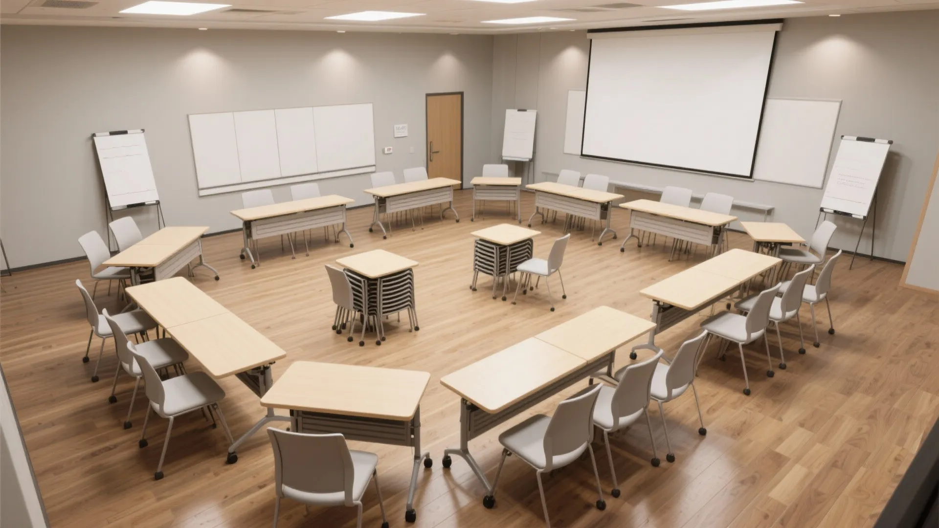 Large training room with light wood tables arranged in circle, grey chairs, and projector screen