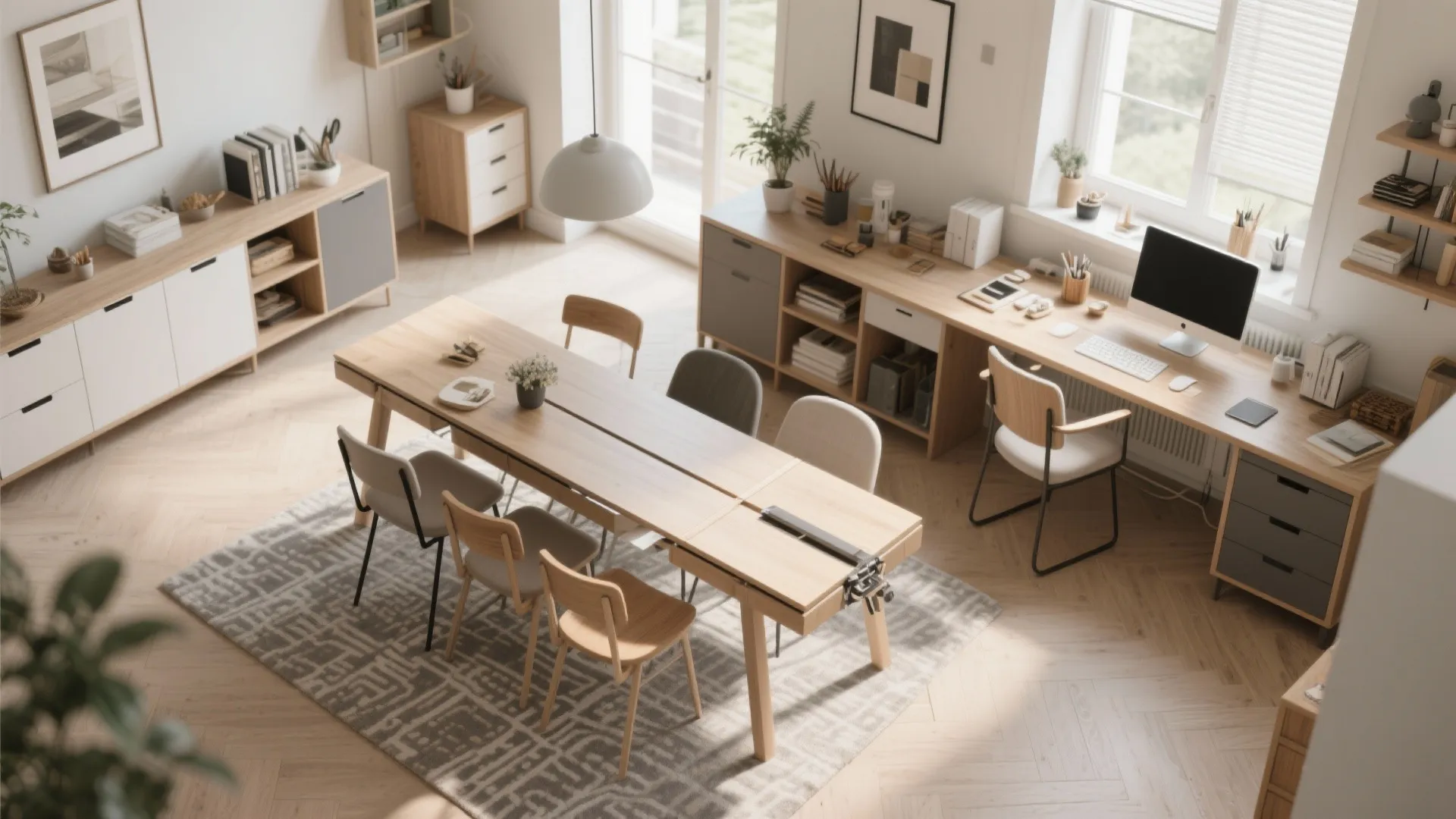 Modern home office with large wooden table grey chairs computer desk and bright natural light