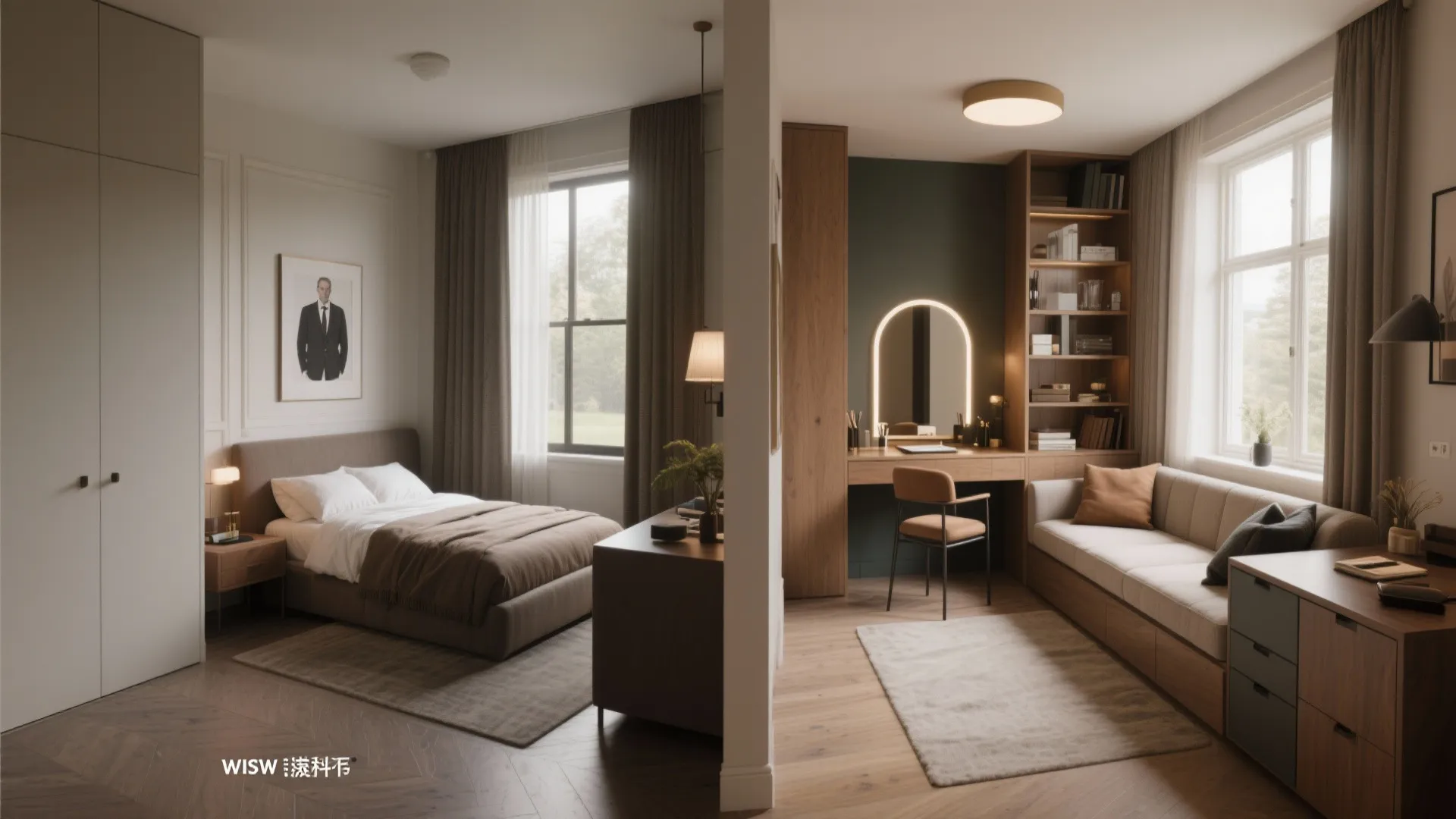 Flexible room layout showing a bedroom area and a study space with desk and sofa