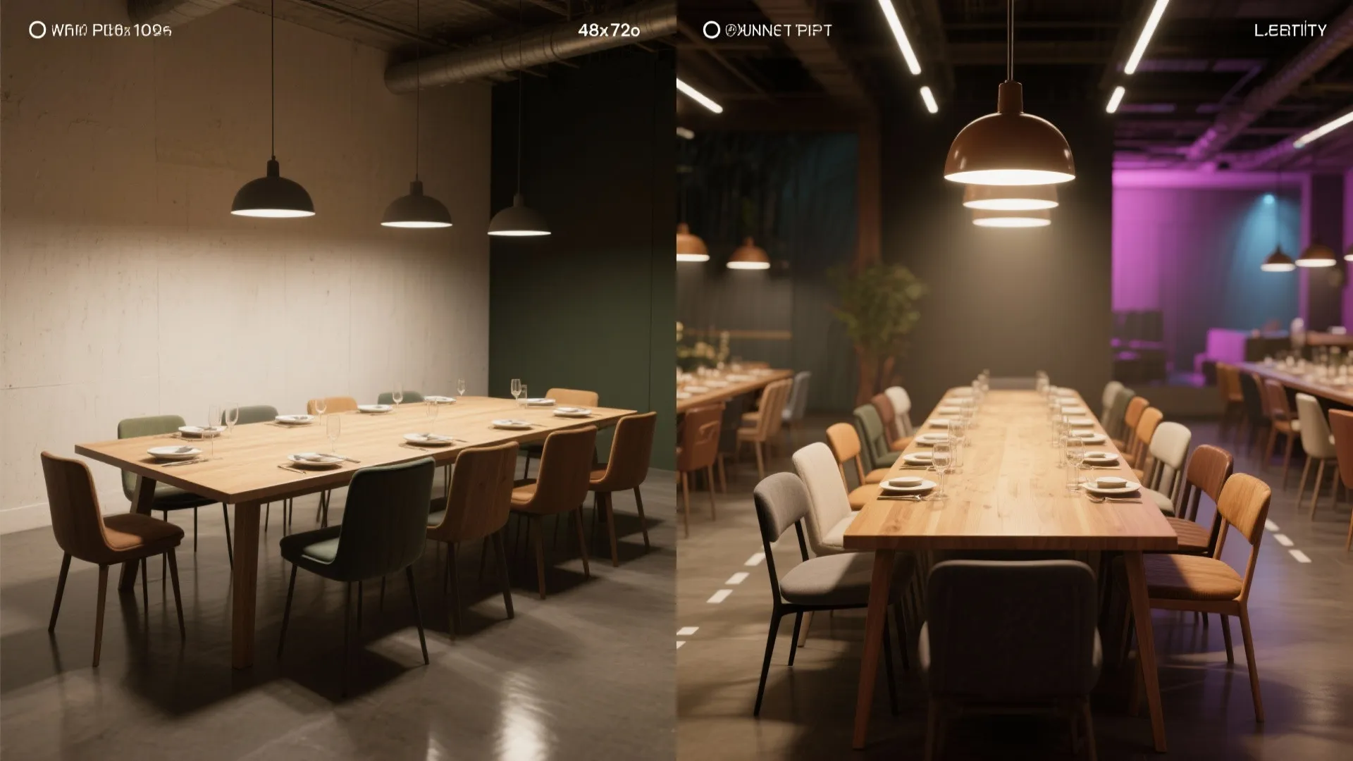 Side-by-side comparison of two large dining rooms with long wooden tables and hanging ceiling lights