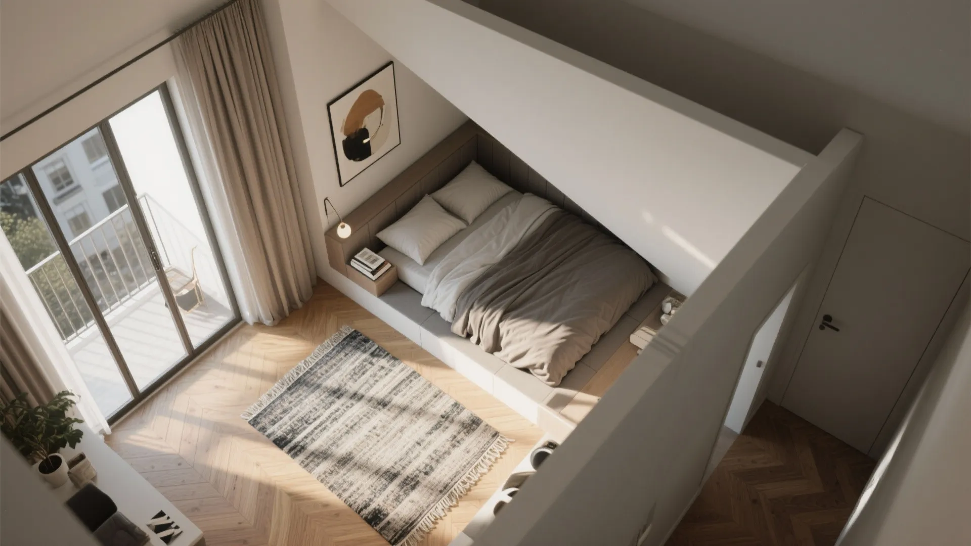 Interior design drawing of a small bedroom layout with bed rug balcony and wooden floor