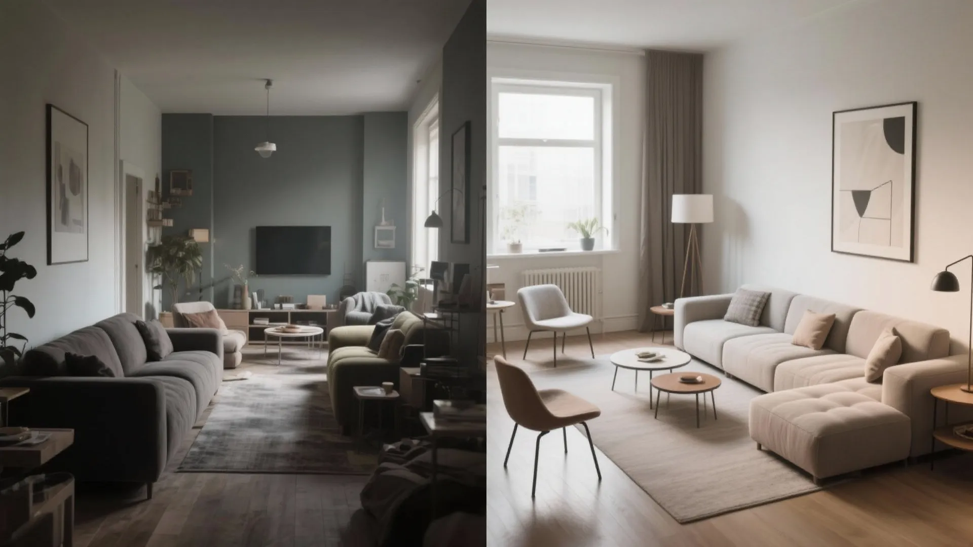 Side by side comparison of a dark crowded living room versus a bright spacious modern room
